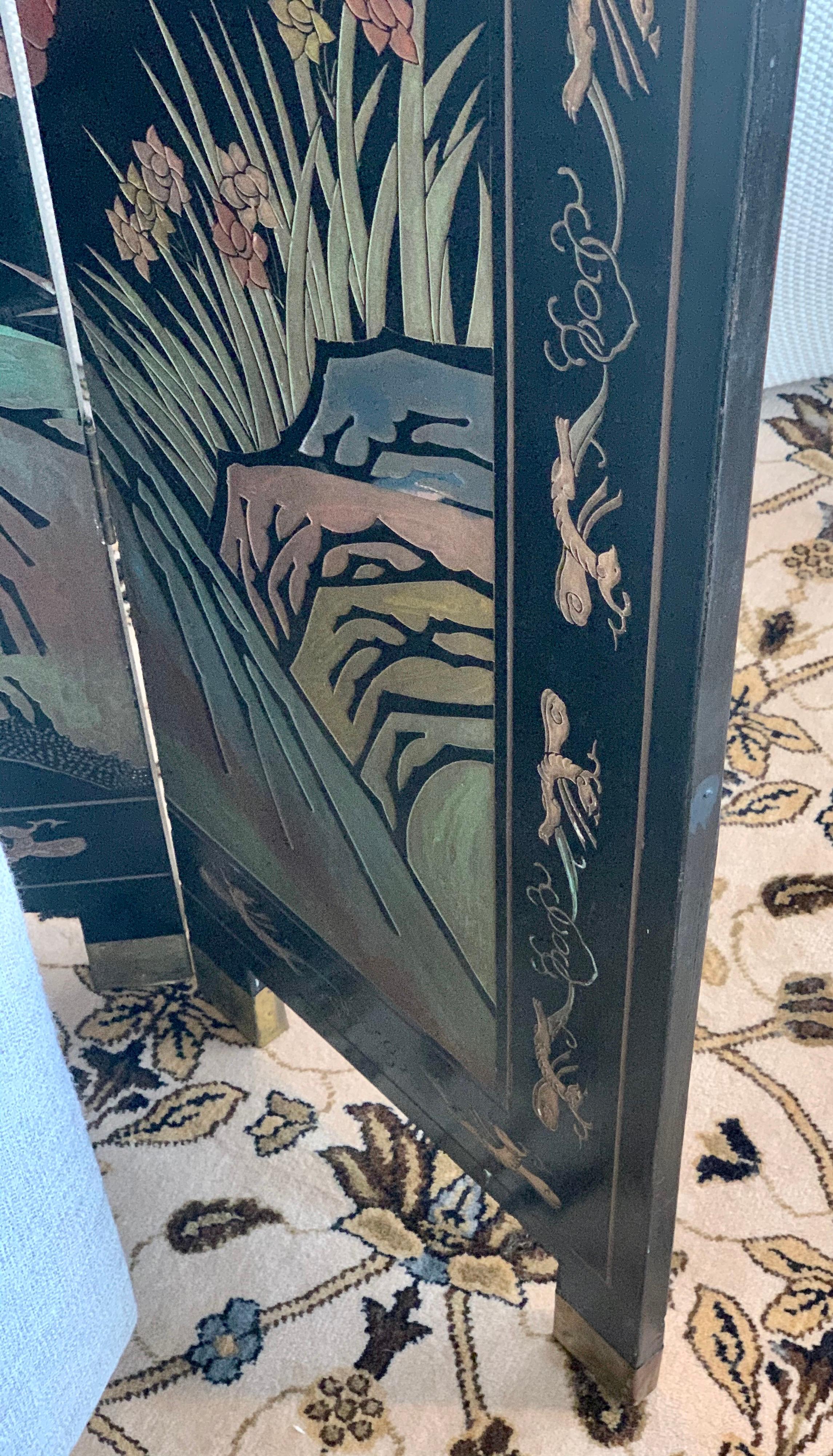 Six Panel Chinoiserie Lacquered Carved Coromandel Screen Double Sided In Good Condition In West Hartford, CT