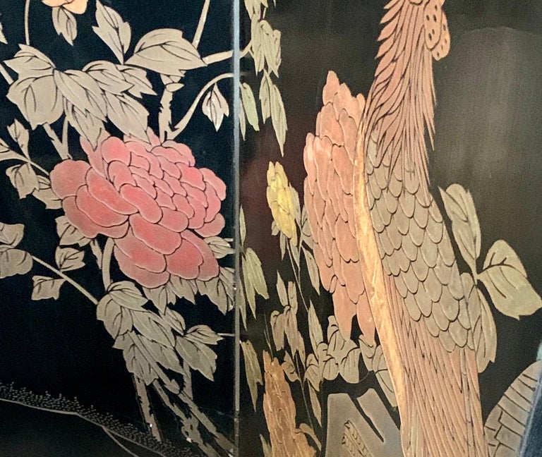 Six Panel Chinoiserie Lacquered Carved Coromandel Screen Double Sided For Sale 3