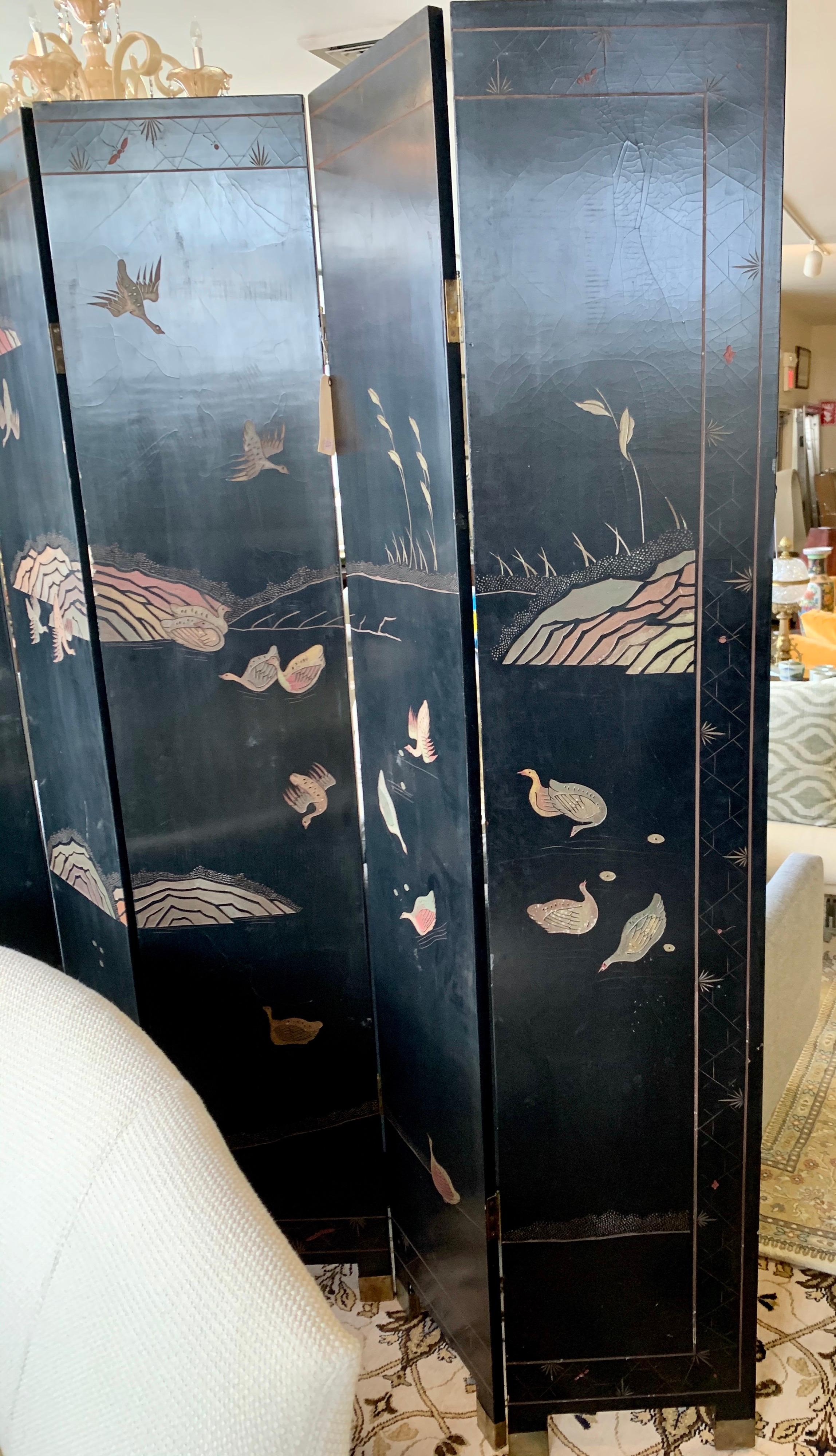 Six Panel Chinoiserie Lacquered Carved Coromandel Screen Double Sided 1