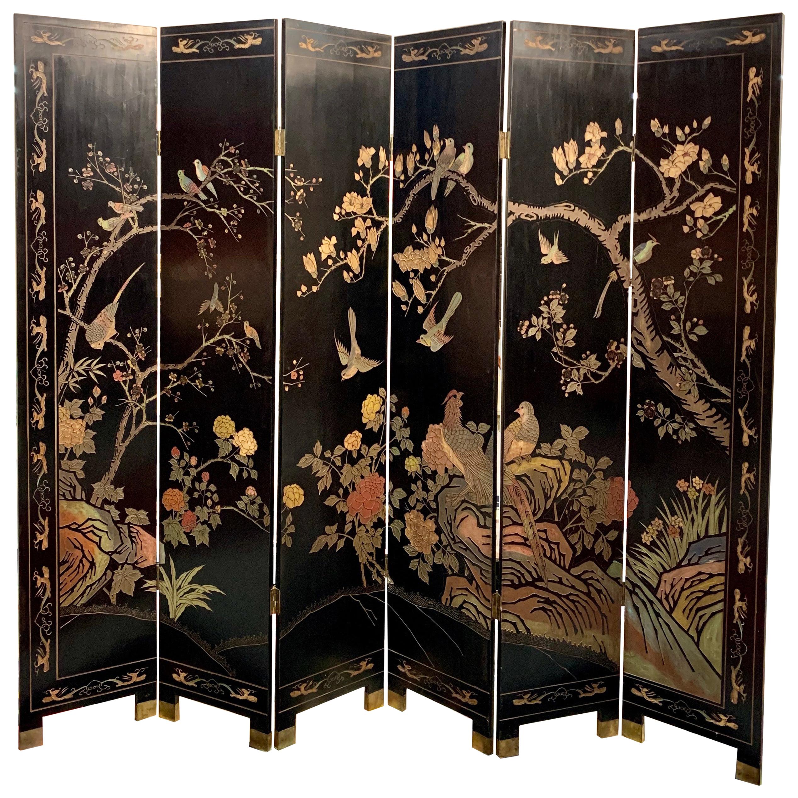 Six Panel Chinoiserie Lacquered Carved Coromandel Screen Double Sided