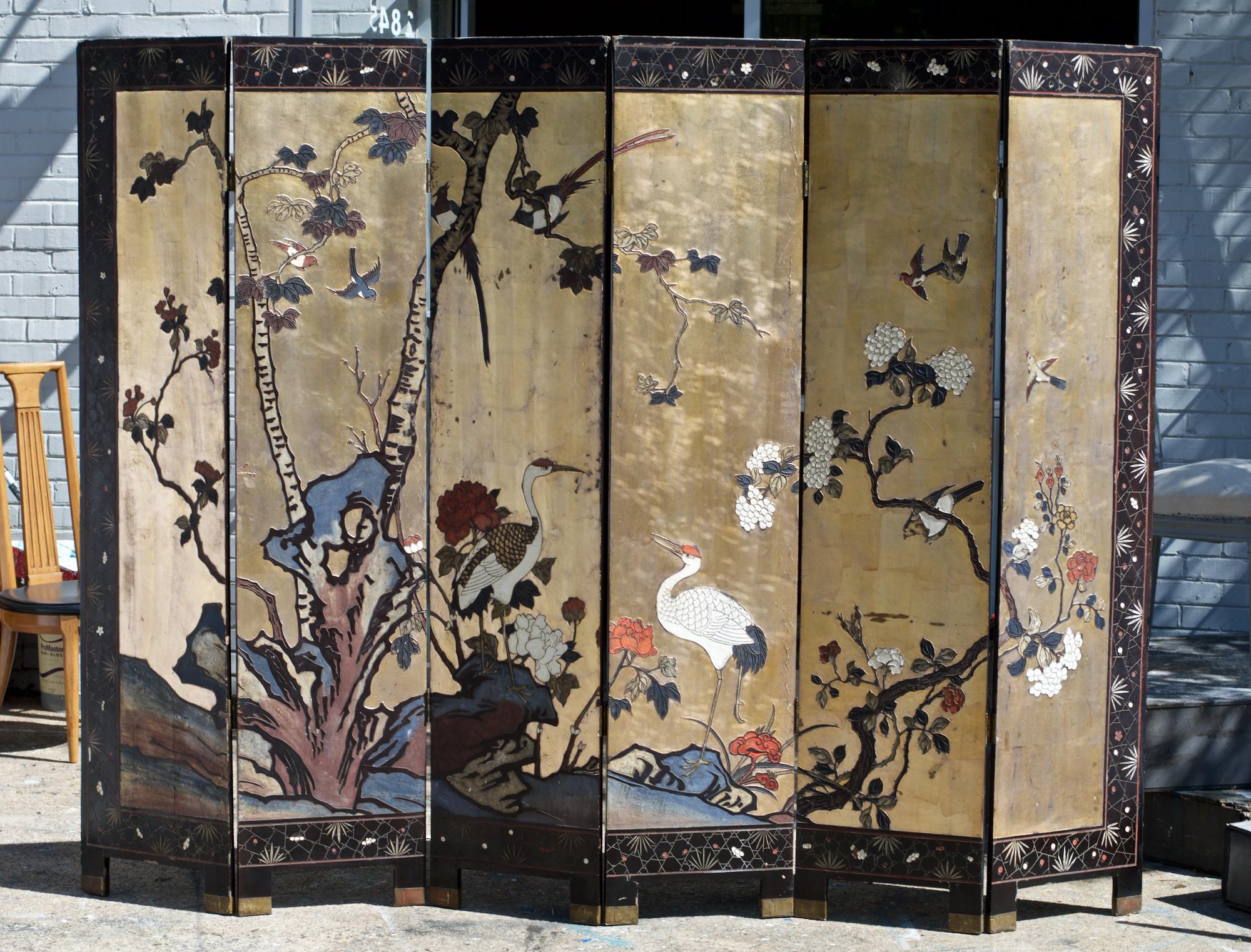 Lacquered Six Panel Coromandel Chinese Dressing Screen / Room Divider