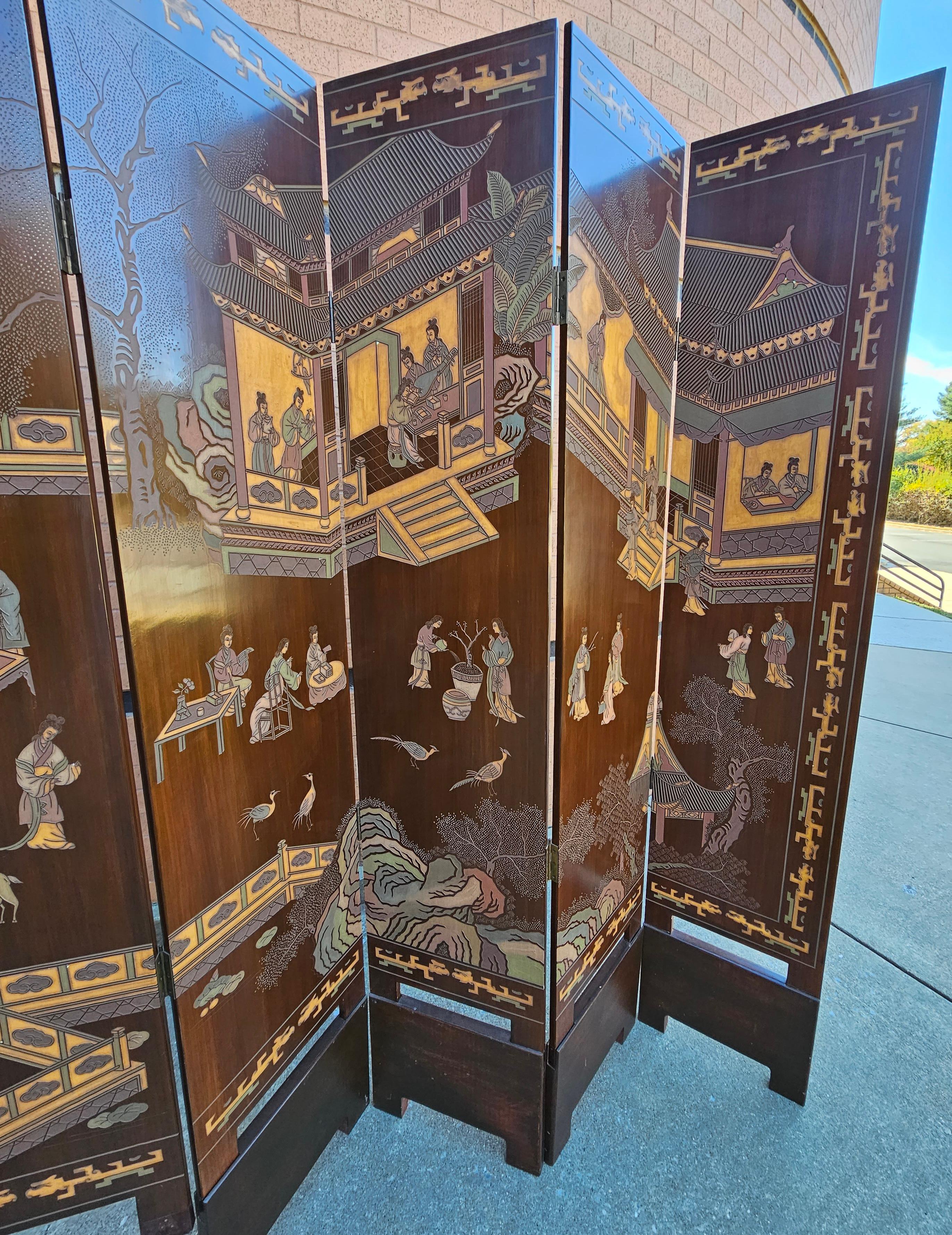 Six-Panel Double Sided Coromandel Asian Screen on Stand For Sale 1