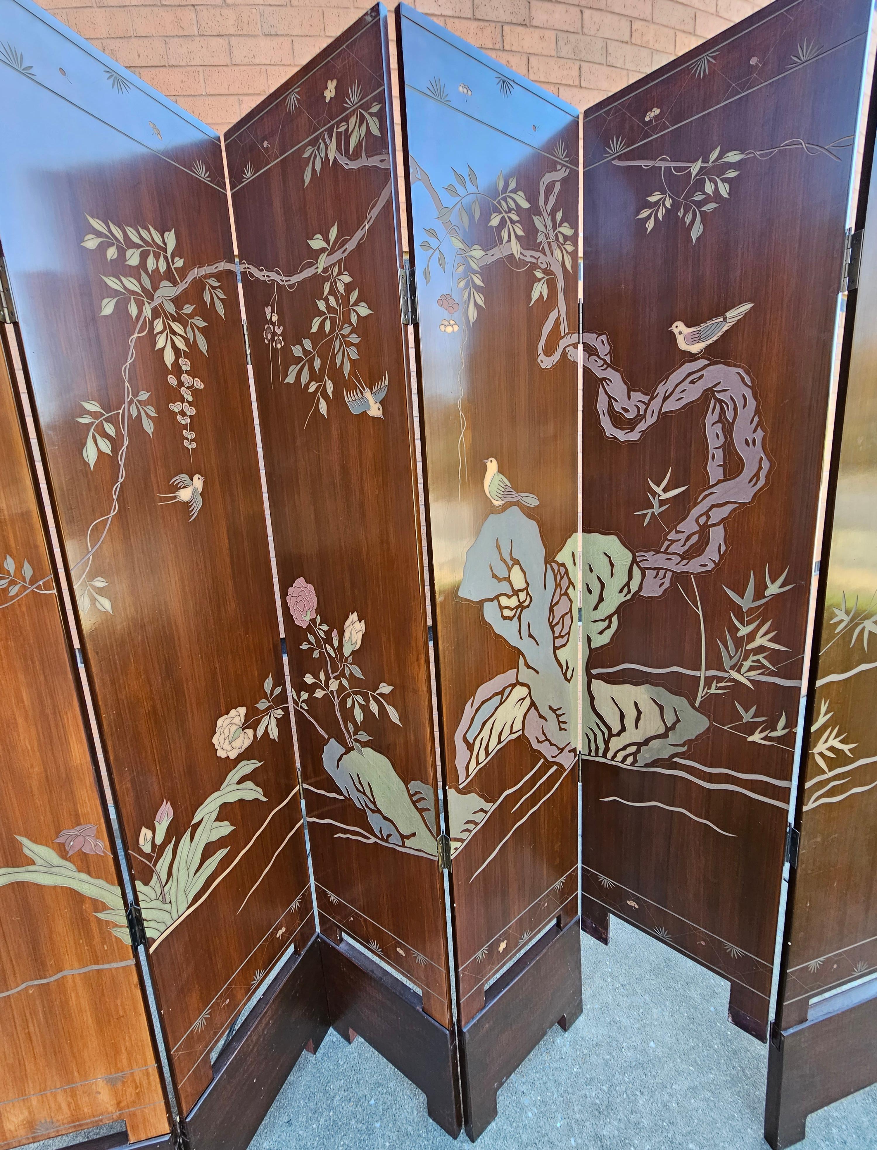 Six-Panel Double Sided Coromandel Asian Screen on Stand For Sale 7