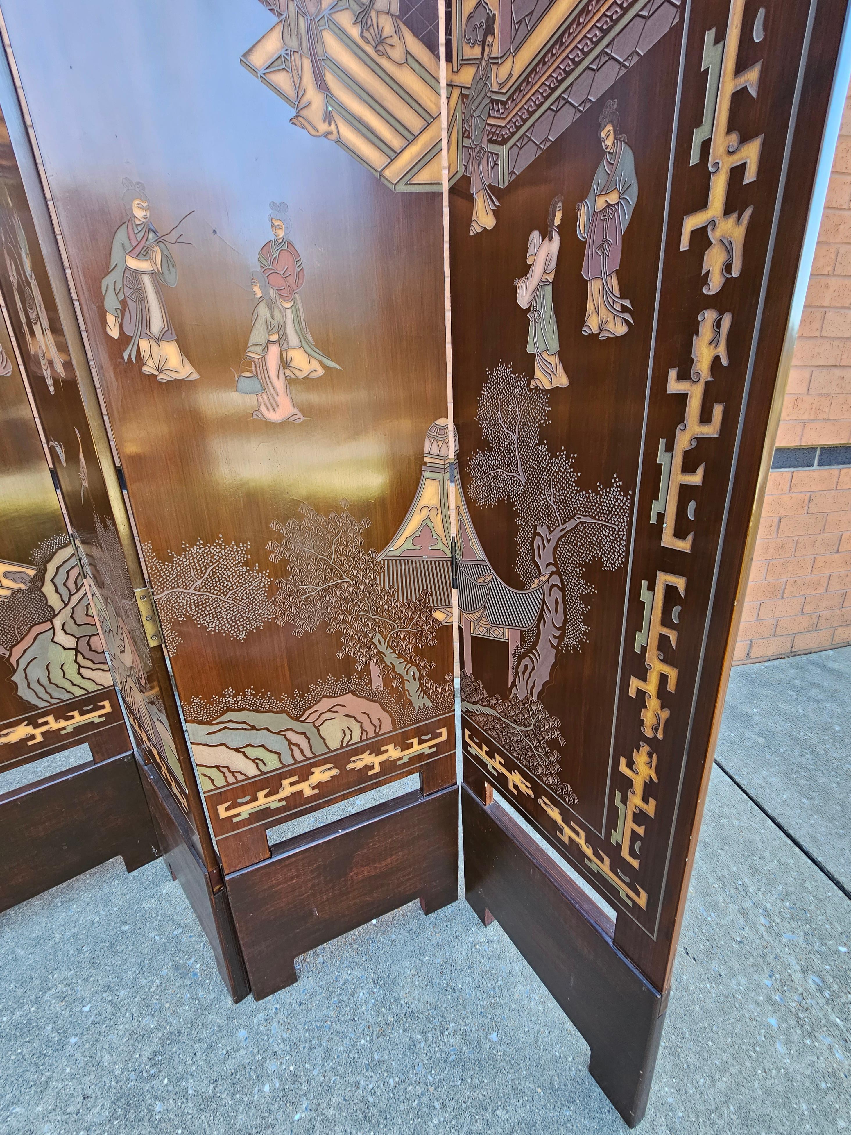 Chinese Export Six-Panel Double Sided Coromandel Asian Screen on Stand For Sale