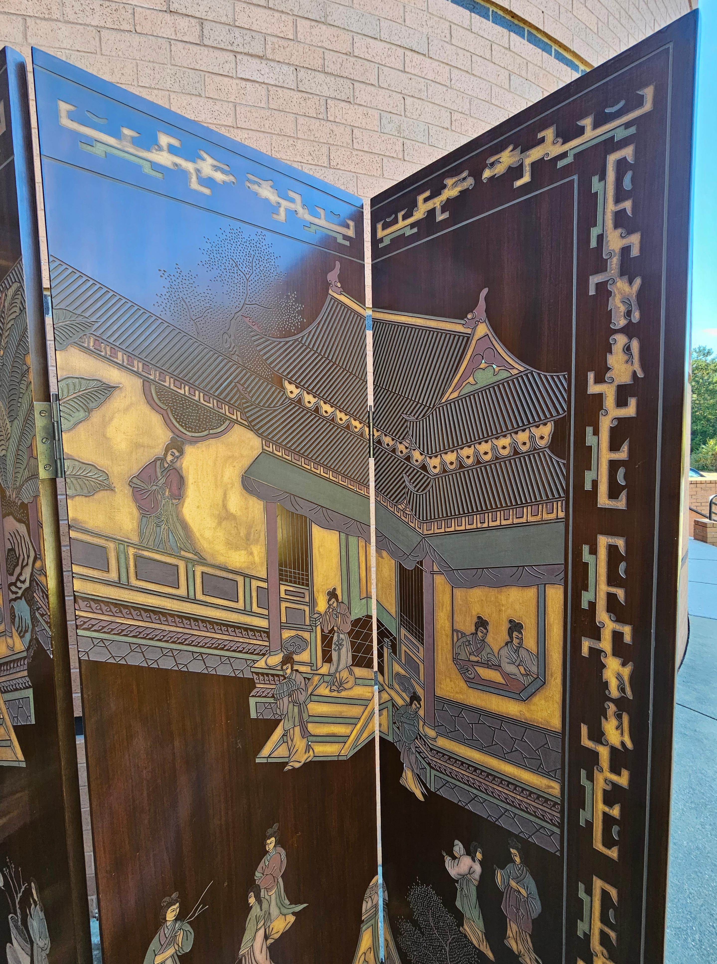 Hong Kong Six-Panel Double Sided Coromandel Asian Screen on Stand For Sale