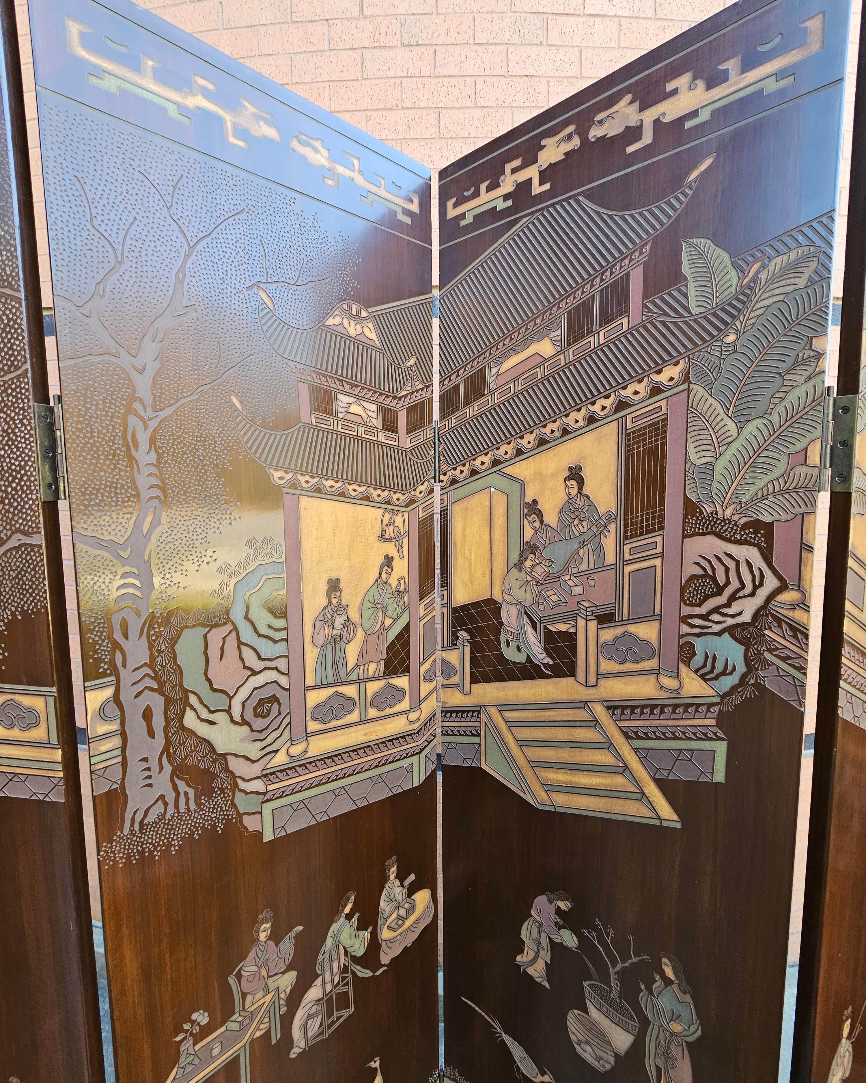 Six-Panel Double Sided Coromandel Asian Screen on Stand In Good Condition For Sale In Germantown, MD