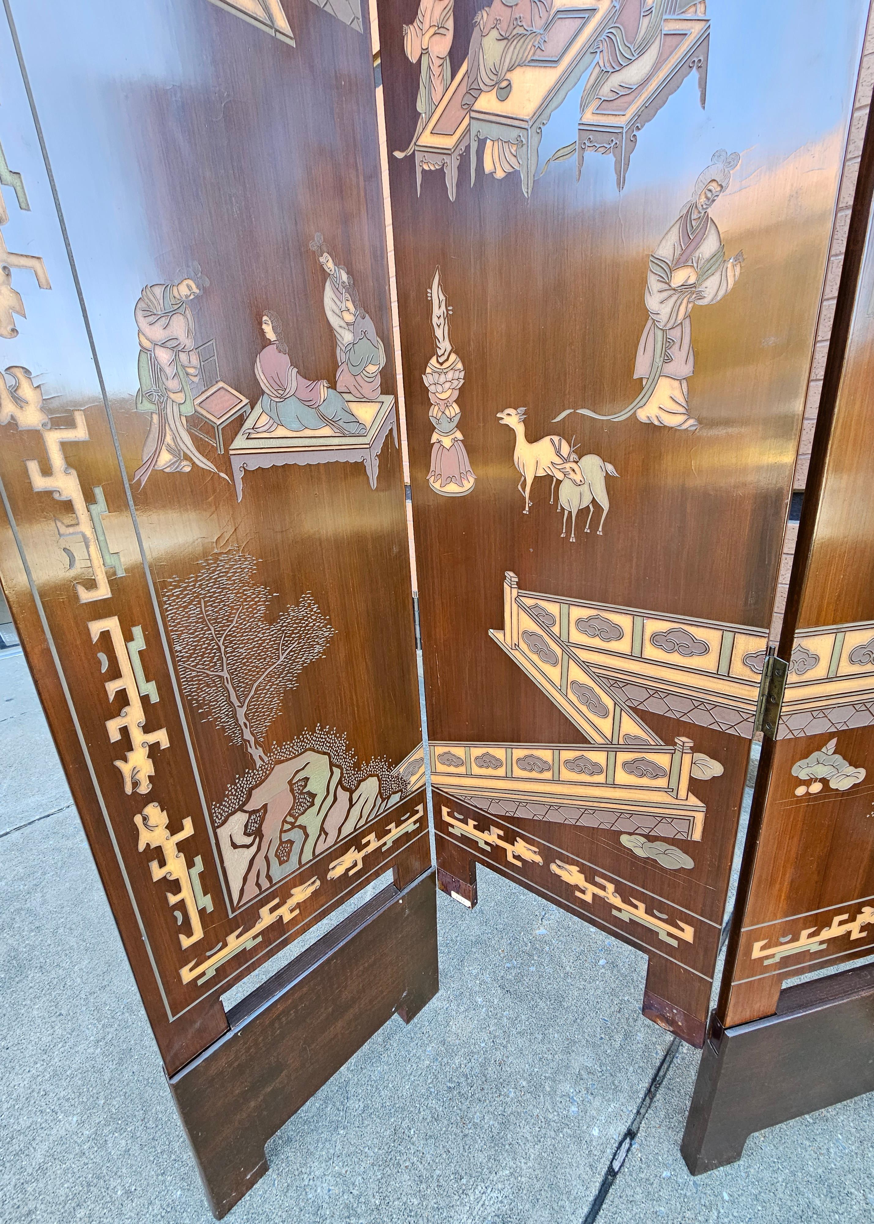 20th Century Six-Panel Double Sided Coromandel Asian Screen on Stand For Sale