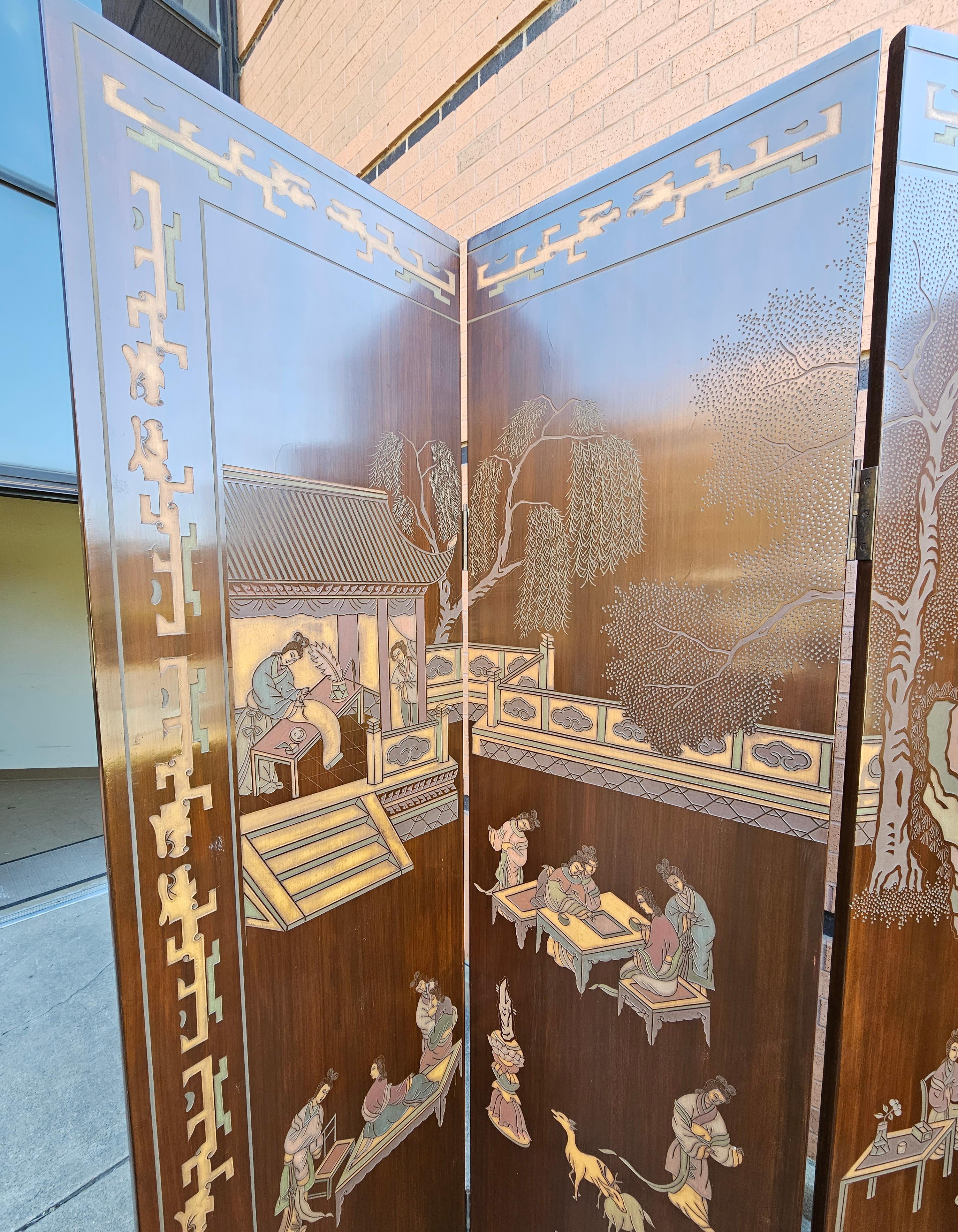 Brass Six-Panel Double Sided Coromandel Asian Screen on Stand For Sale