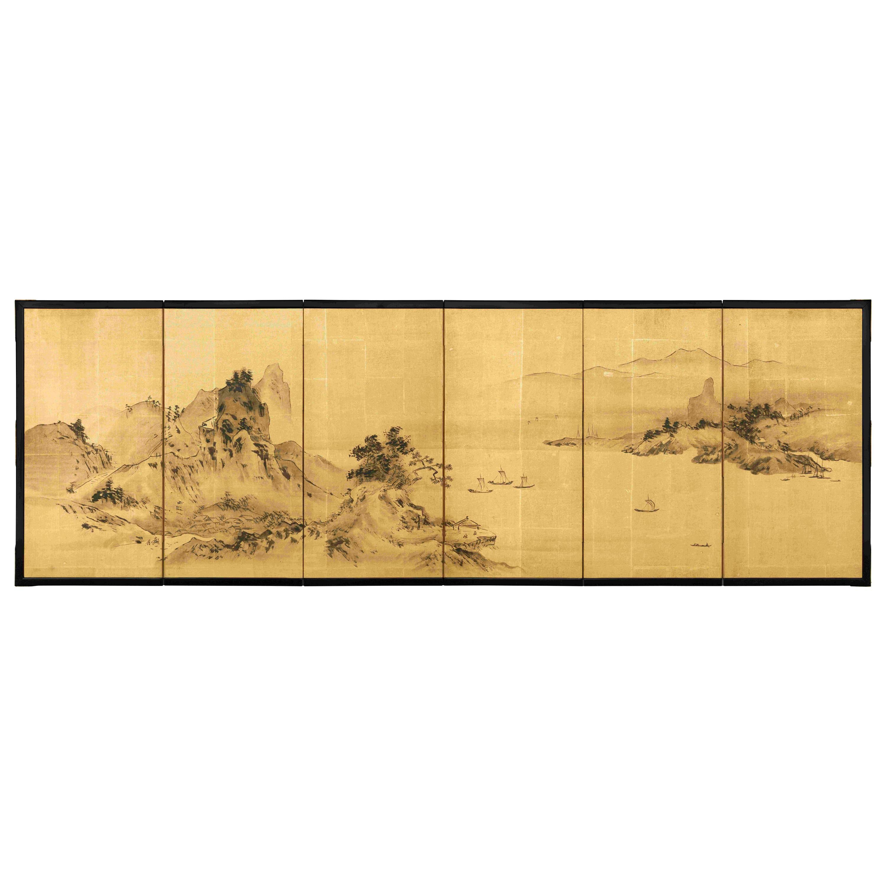 Six-Panel Folding Screen, Mountain and River Landscape For Sale