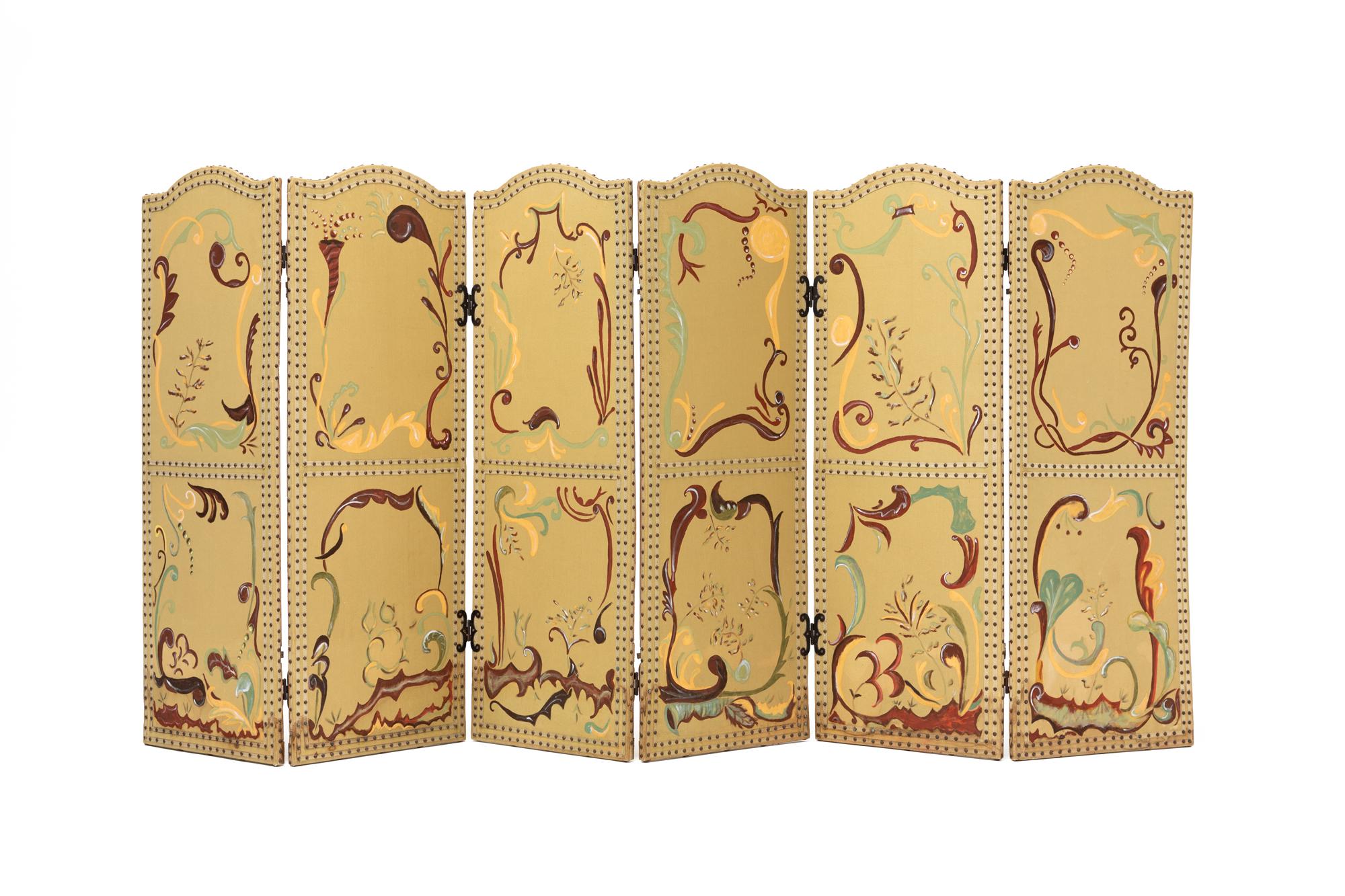 Six-Panel Folding Screen, Painted Fabric with Nailhead Trim, Wooden Structure