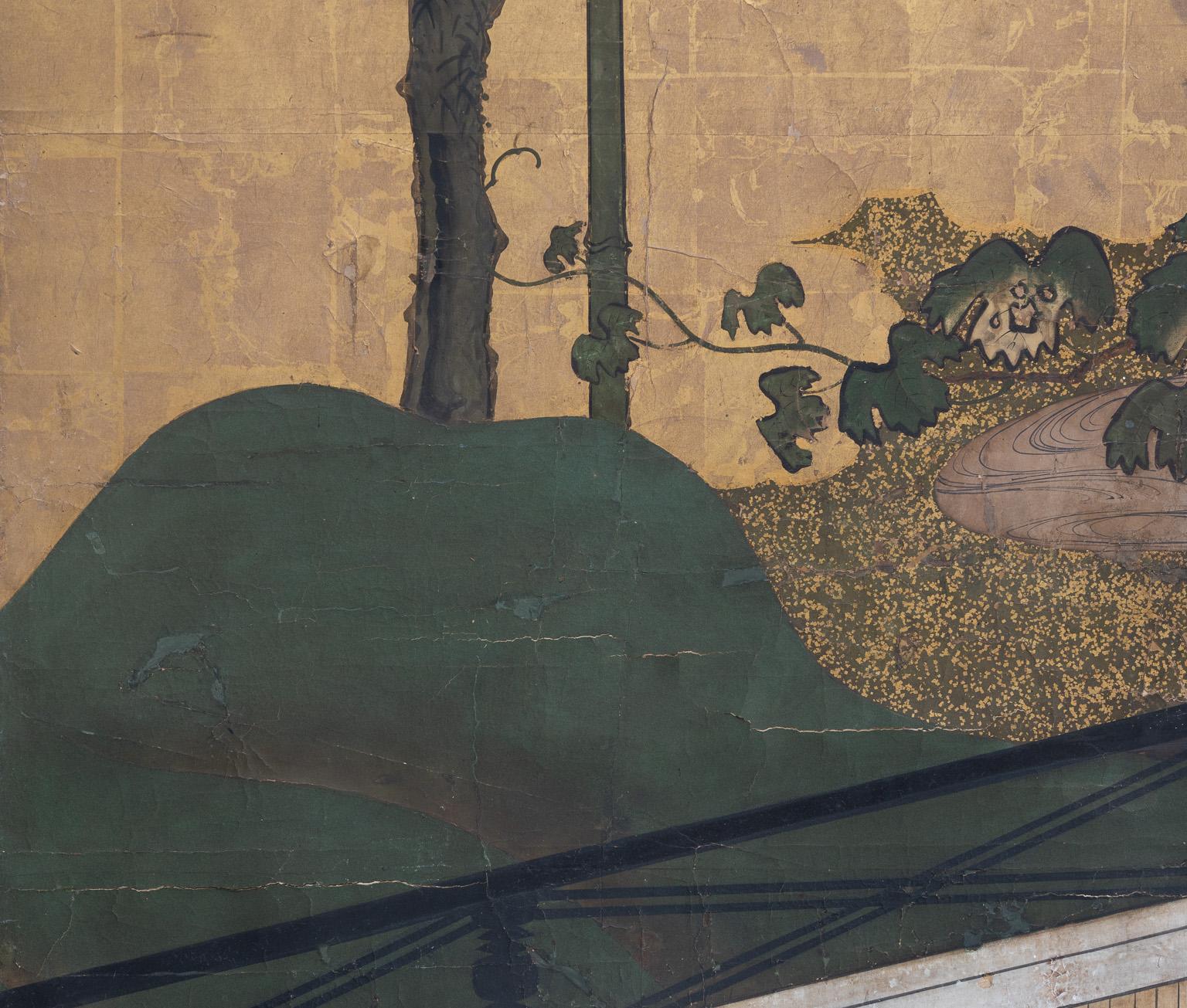 Momoyama to Edo period, 17th century
Ink, colors, gold leaf and gold flakes on paper
170 by 379 cm

The grapevine is painted heavy with fruit, on a bamboo trellis behind a bamboo fence by small hills and a flowing stream. The dense clouds behind