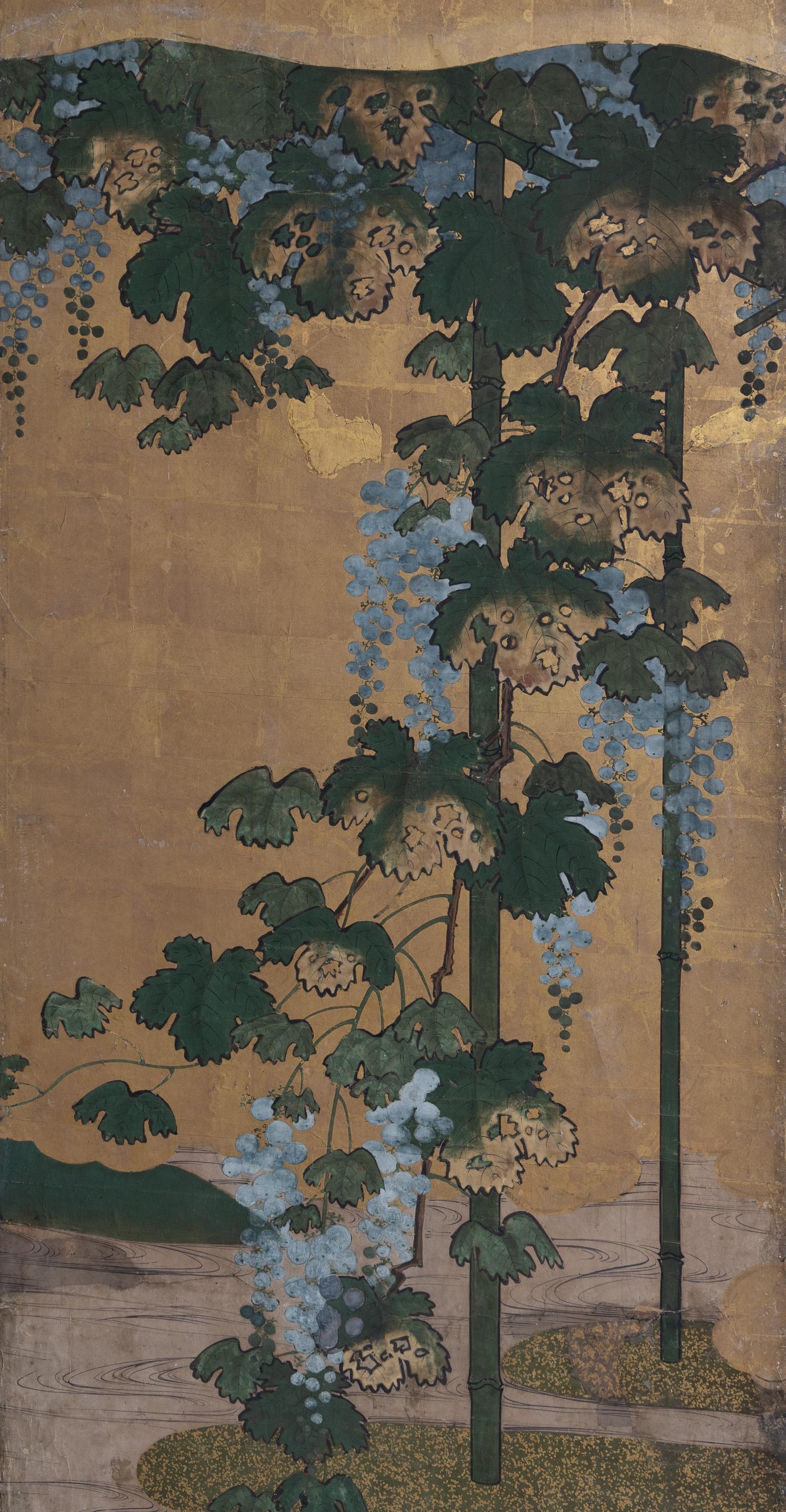 17th Century Six-Panel Japanese Folding Screen with Grapevine, Kanō School