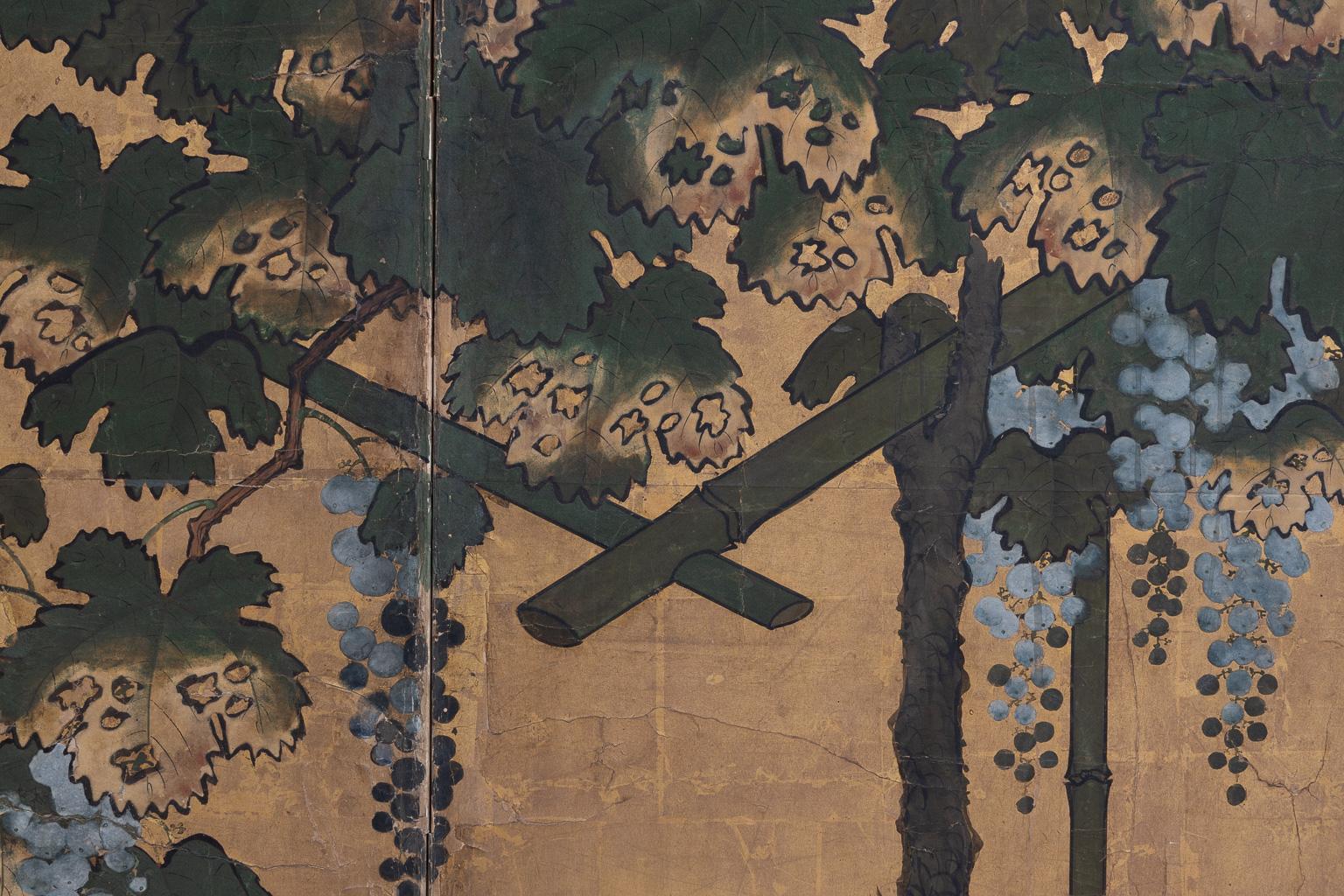 Paper Six-Panel Japanese Folding Screen with Grapevine, Kanō School