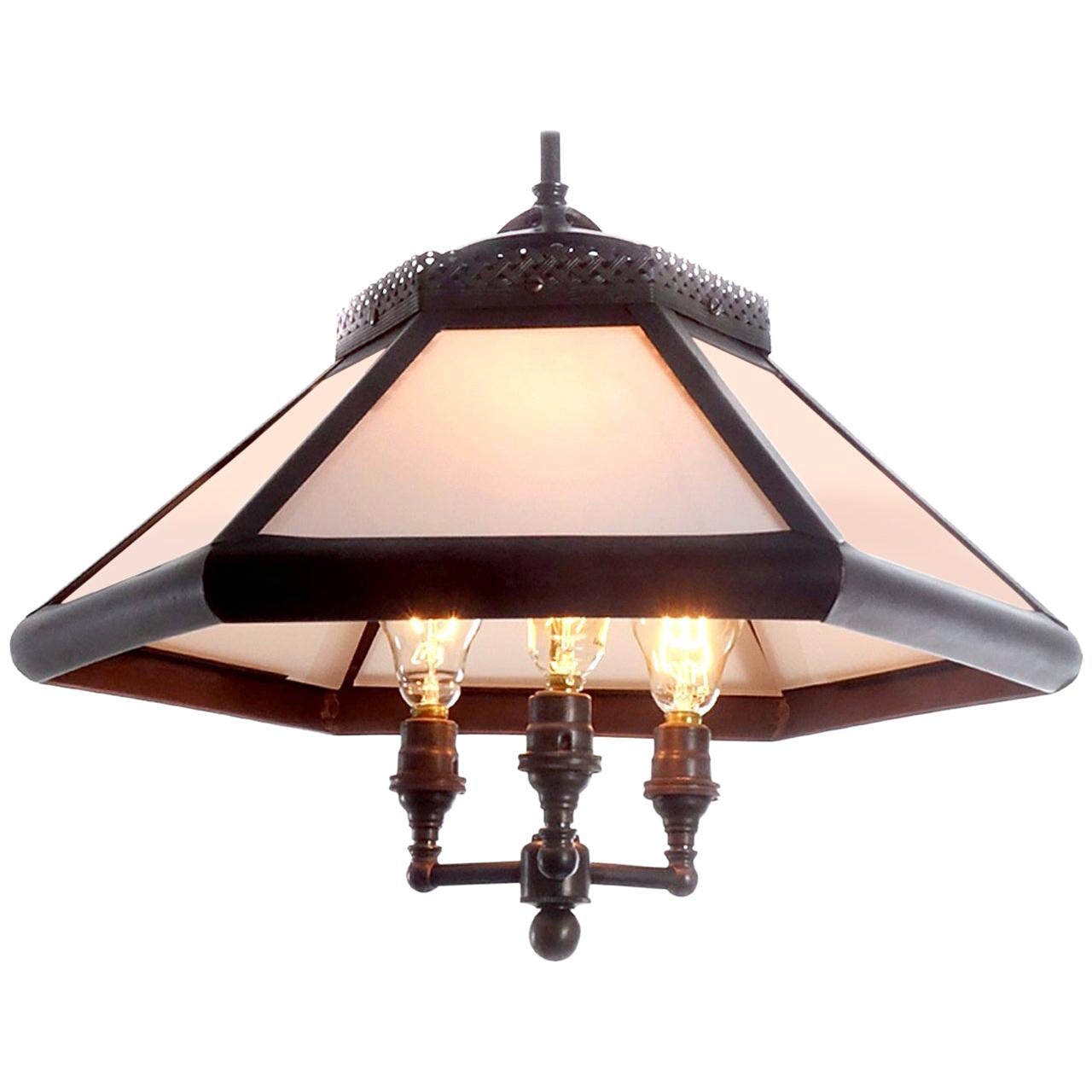 Six-Panel Gas Lamp, Copper and Milk Glass For Sale