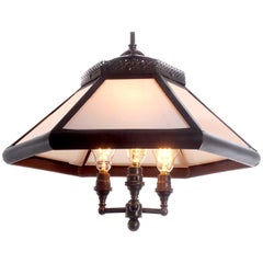 Used Six-Panel Gas Lamp, Copper and Milk Glass