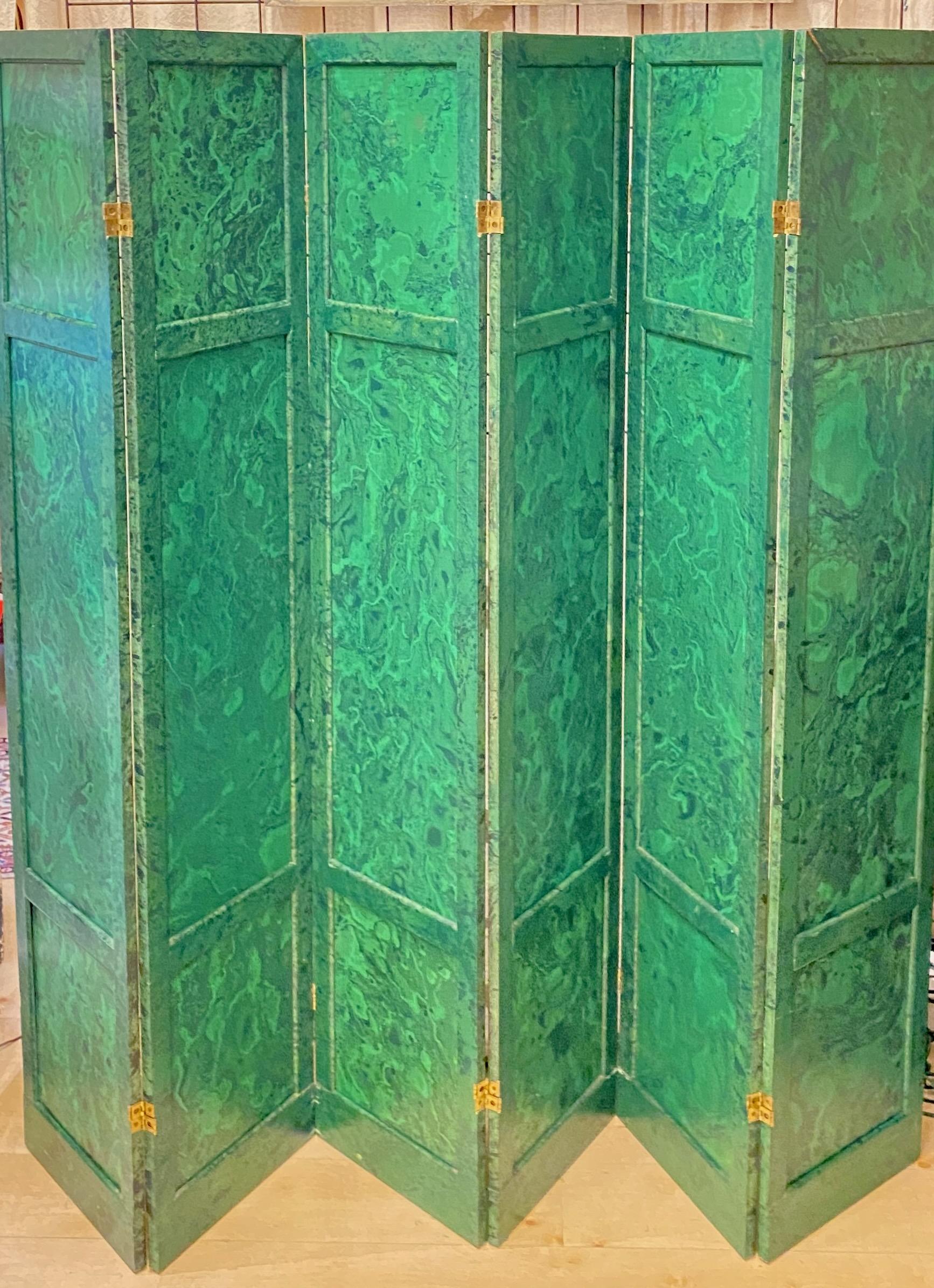 20th Century Six Panel Hand Painted Faux Malachite Screen For Sale