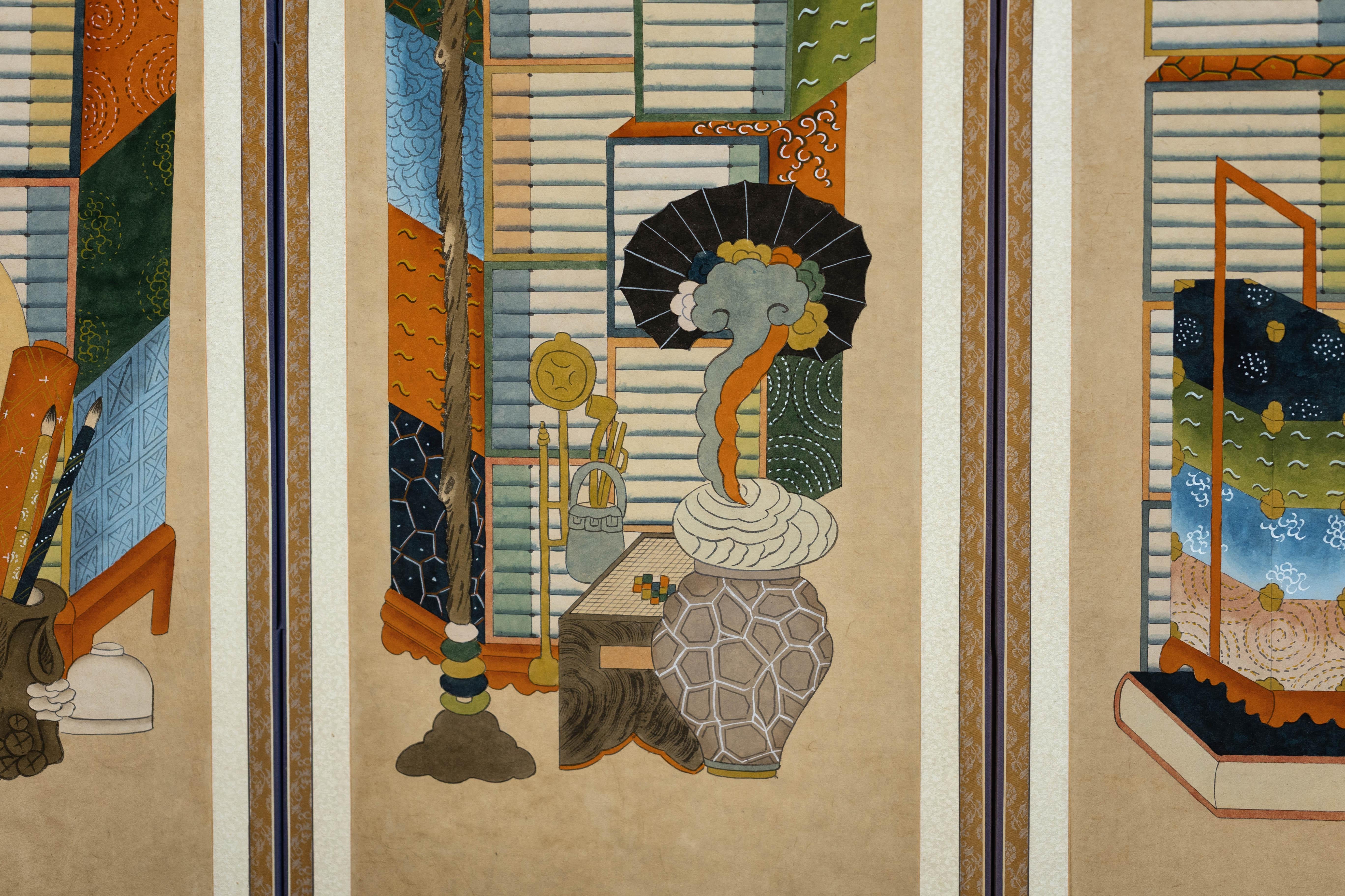 Six-Panel Japanese Folding Screen with Scholar’s Objects and Floral Motifs For Sale 4