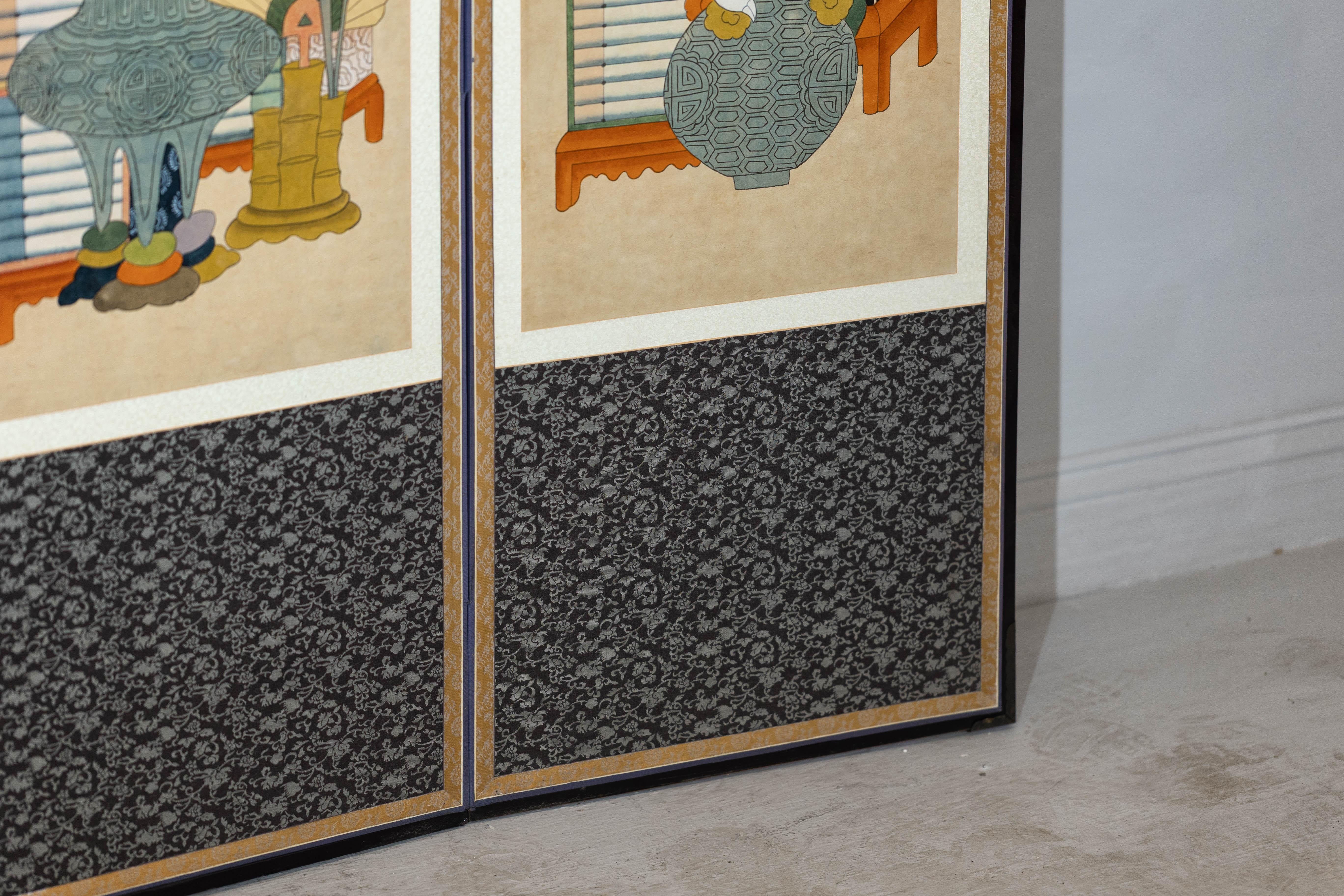 Six-Panel Japanese Folding Screen with Scholar’s Objects and Floral Motifs For Sale 5