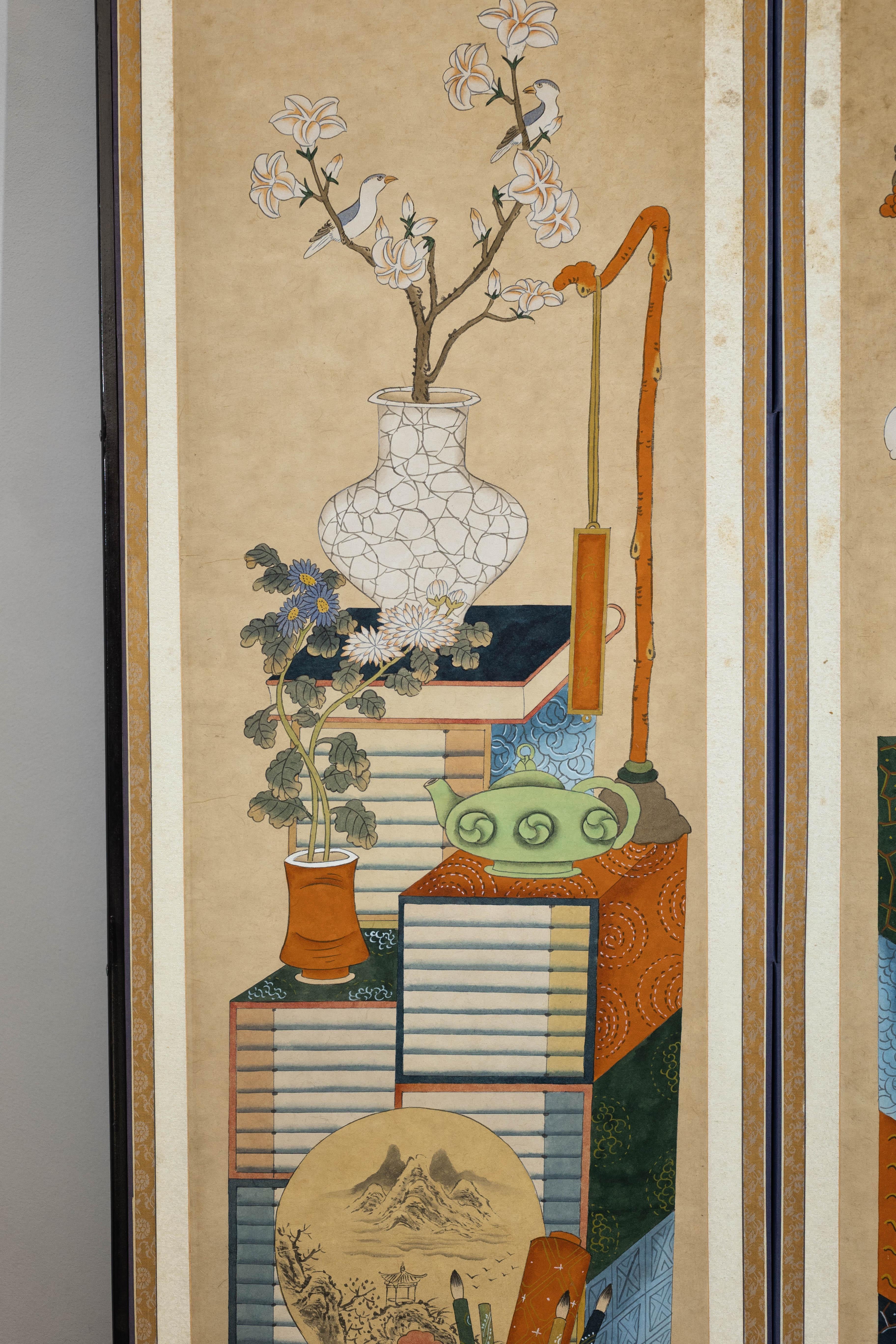 Six-Panel Japanese Folding Screen with Scholar’s Objects and Floral Motifs For Sale 6