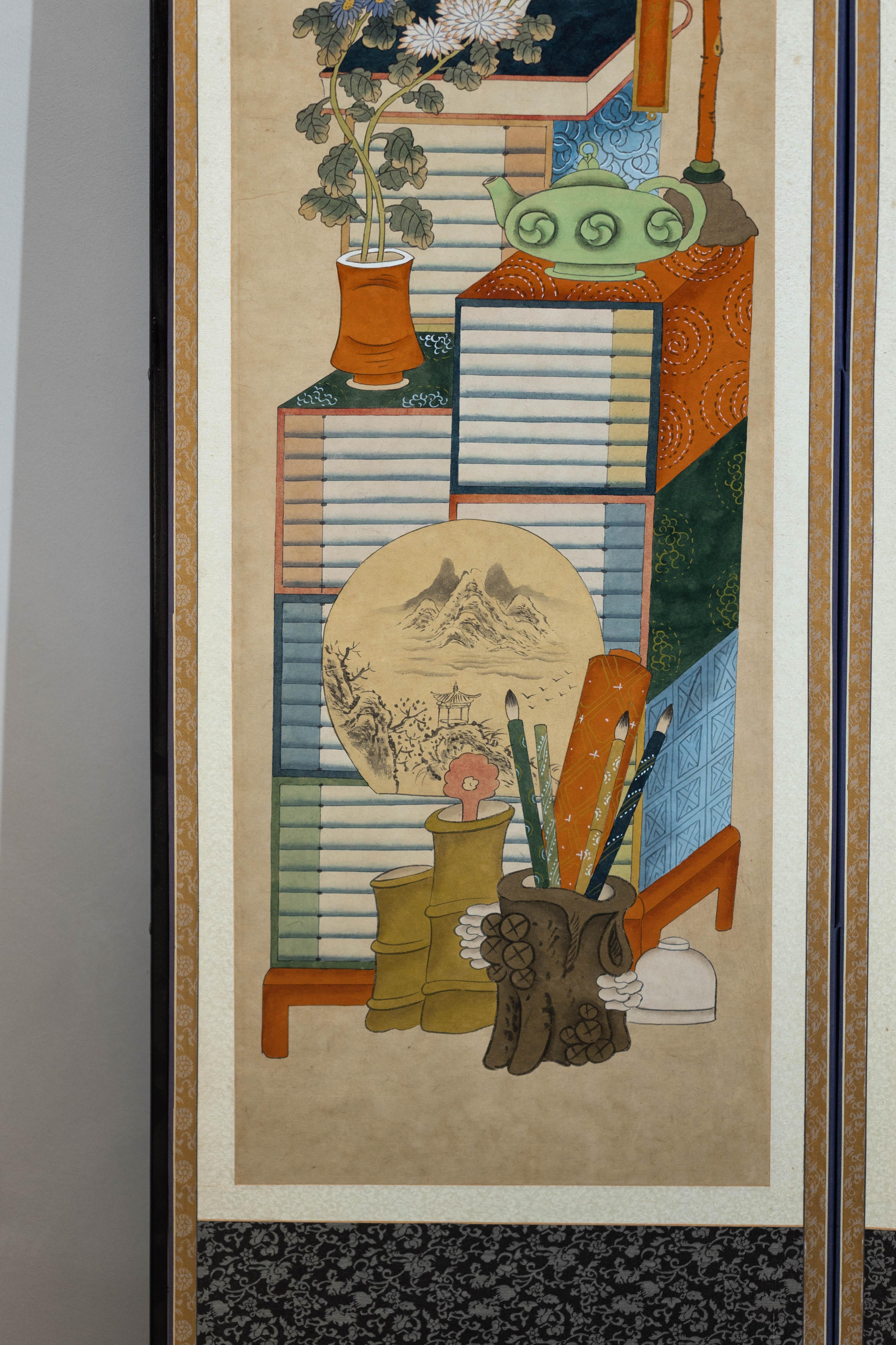 Six-Panel Japanese Folding Screen with Scholar’s Objects and Floral Motifs For Sale 7