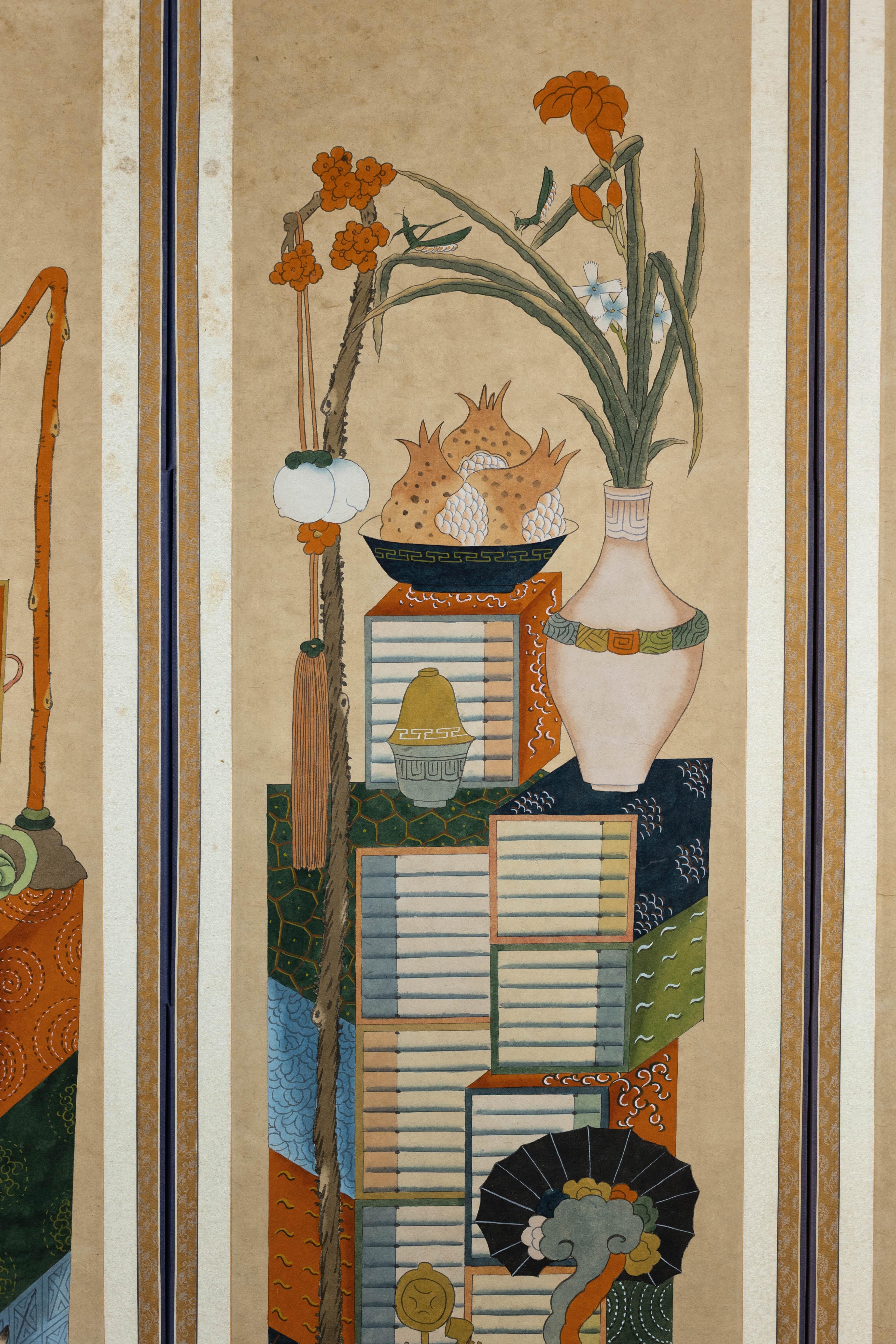 Six-Panel Japanese Folding Screen with Scholar’s Objects and Floral Motifs For Sale 8