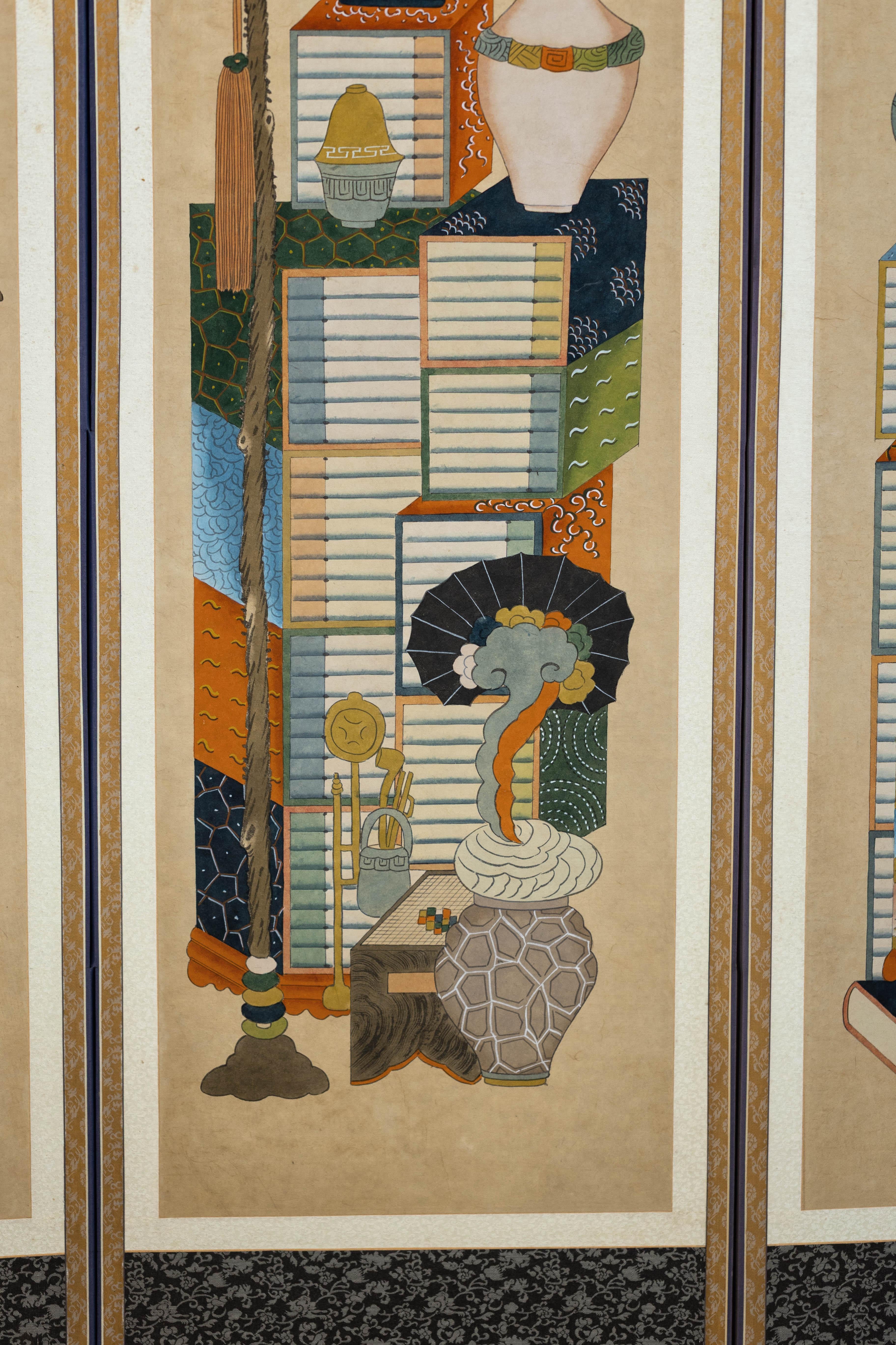 Six-Panel Japanese Folding Screen with Scholar’s Objects and Floral Motifs For Sale 9