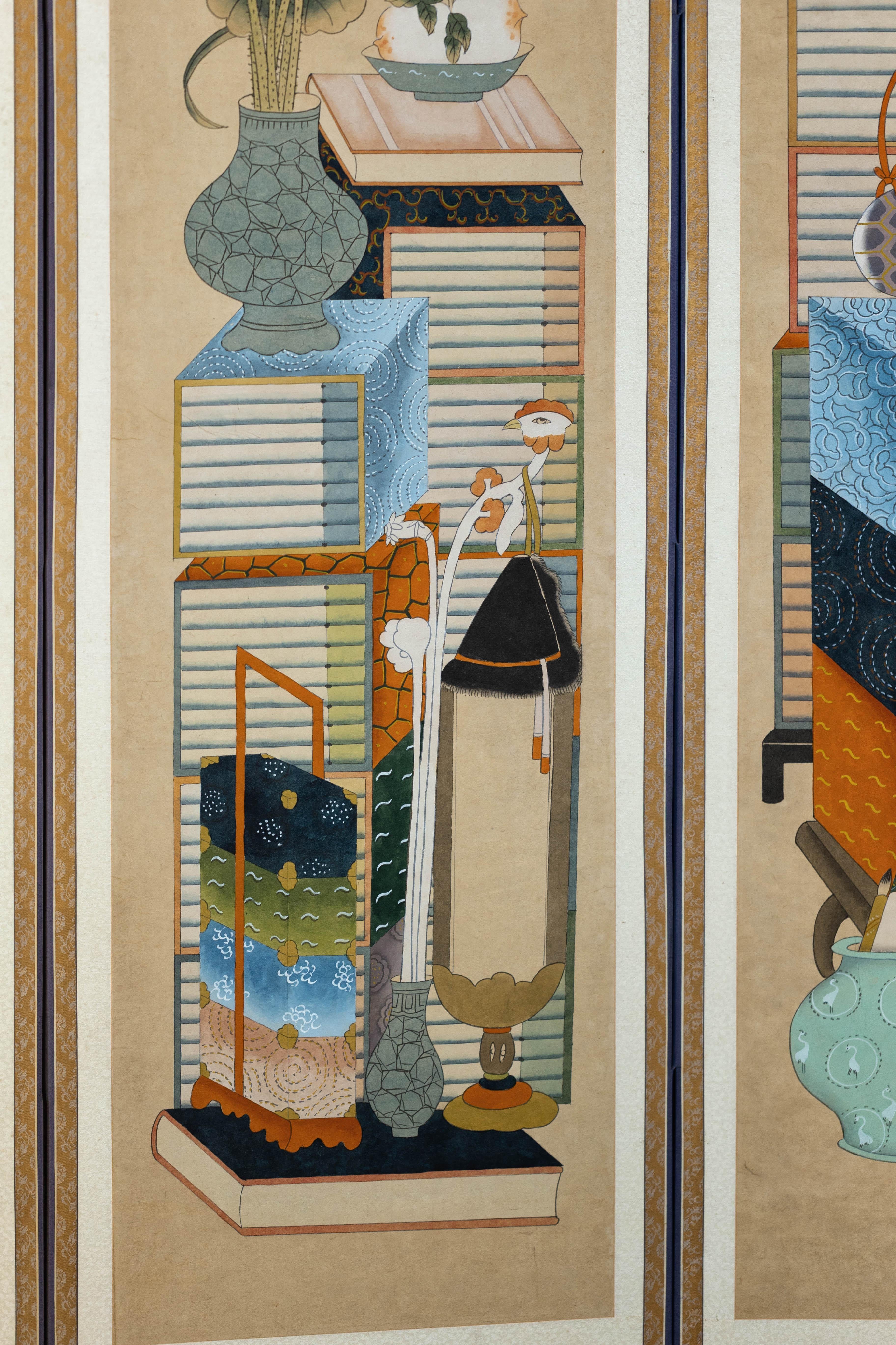 Six-Panel Japanese Folding Screen with Scholar’s Objects and Floral Motifs For Sale 10