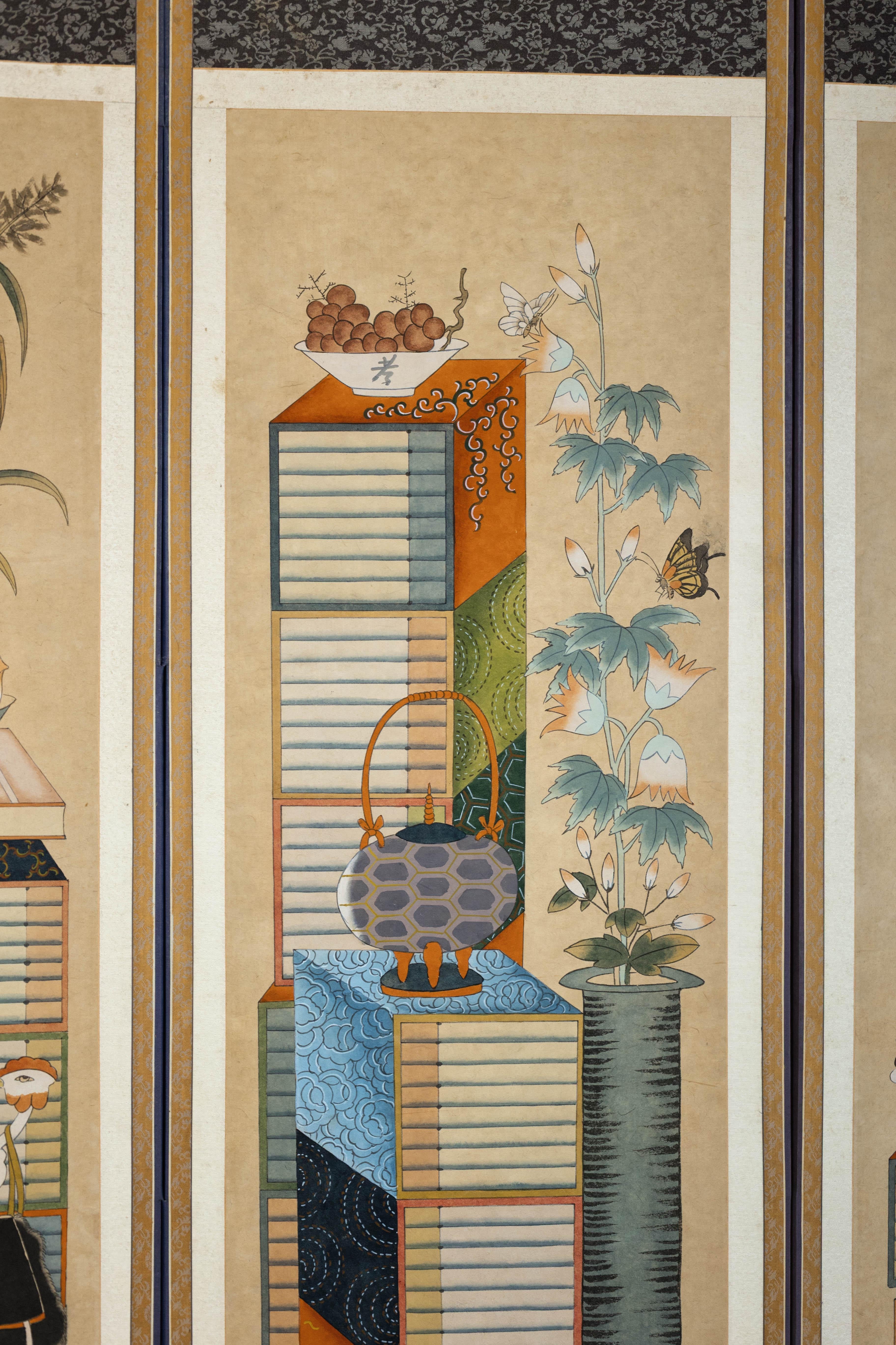 Six-Panel Japanese Folding Screen with Scholar’s Objects and Floral Motifs For Sale 11