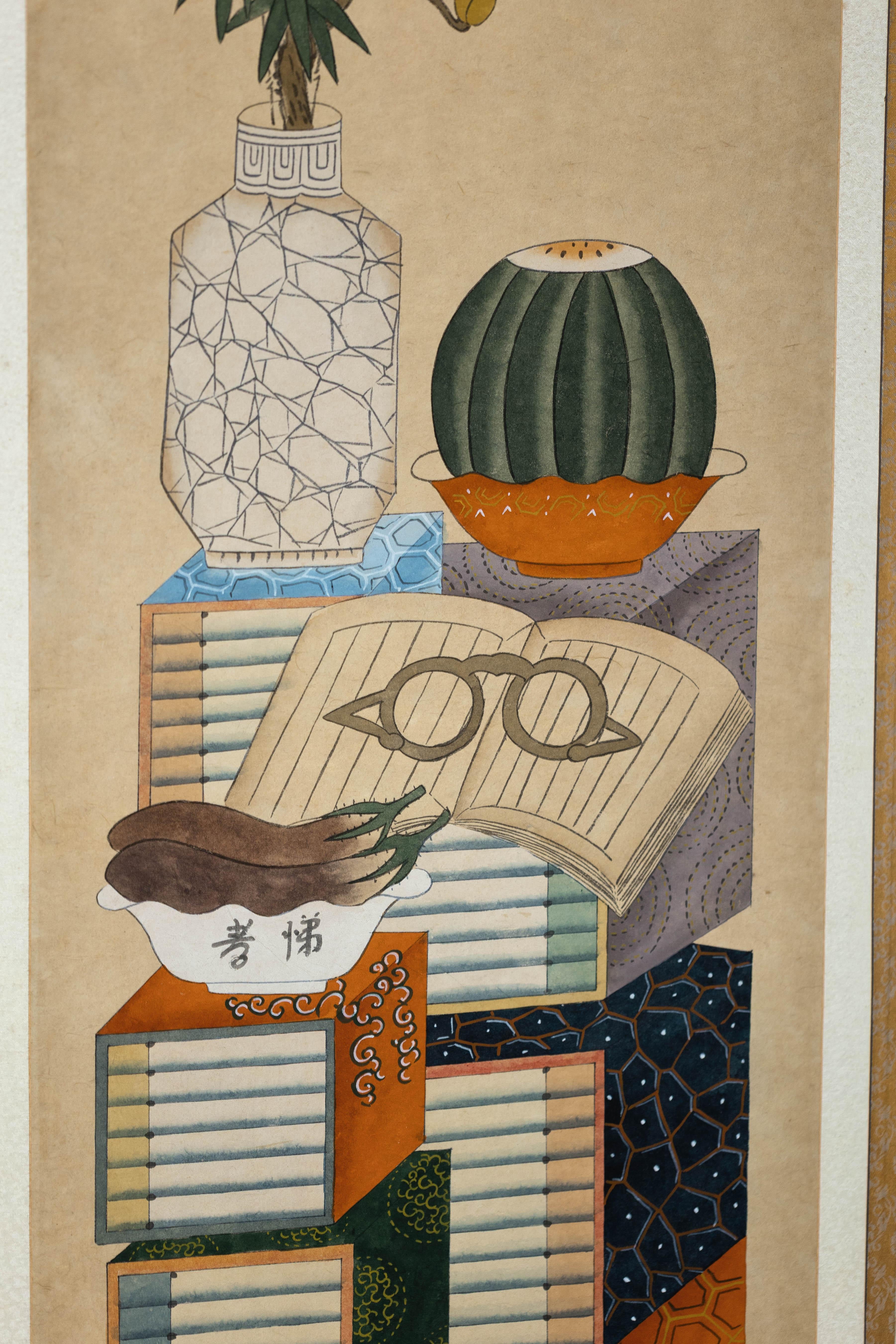 Six-Panel Japanese Folding Screen with Scholar’s Objects and Floral Motifs For Sale 12