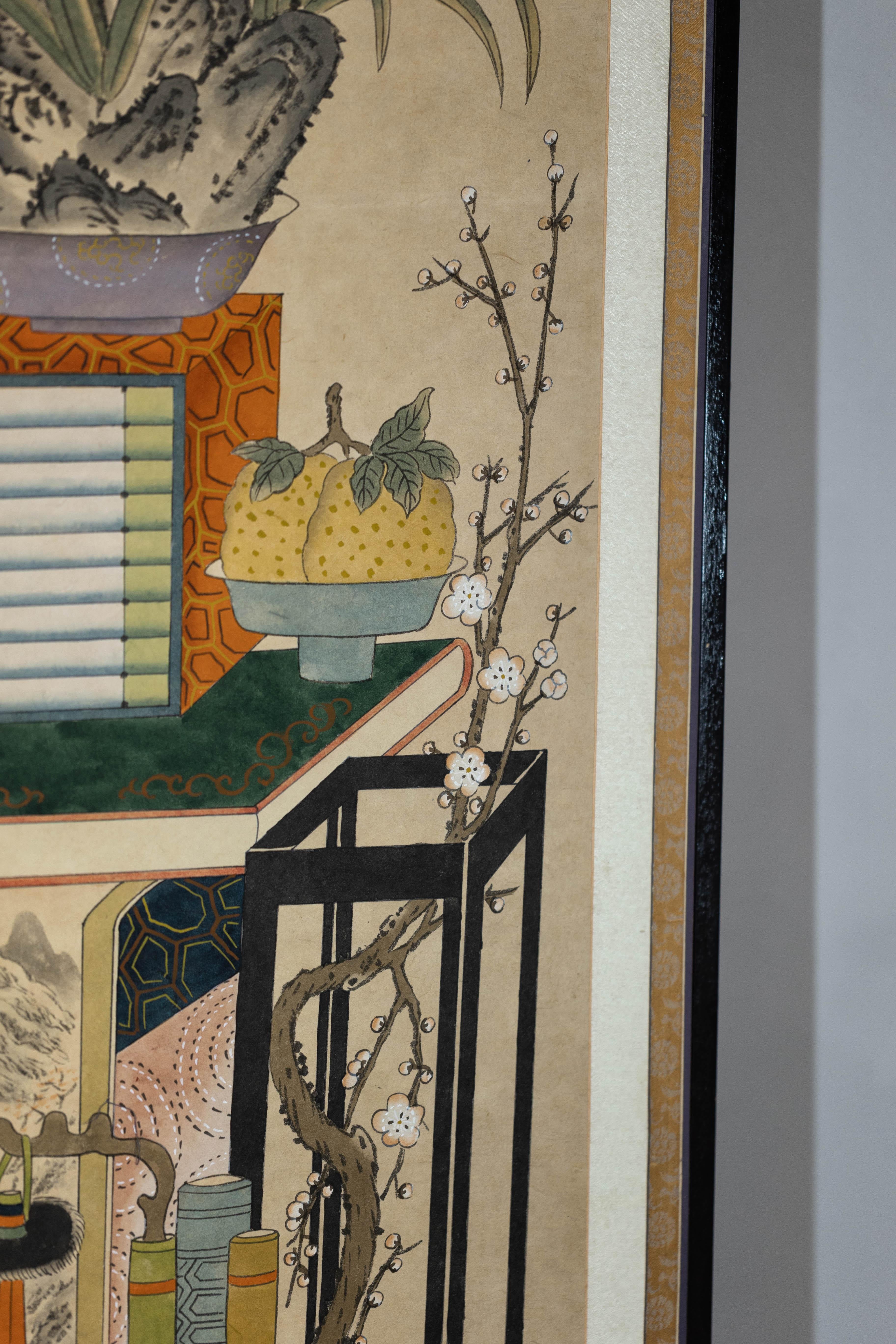 Six-Panel Japanese Folding Screen with Scholar’s Objects and Floral Motifs For Sale 13