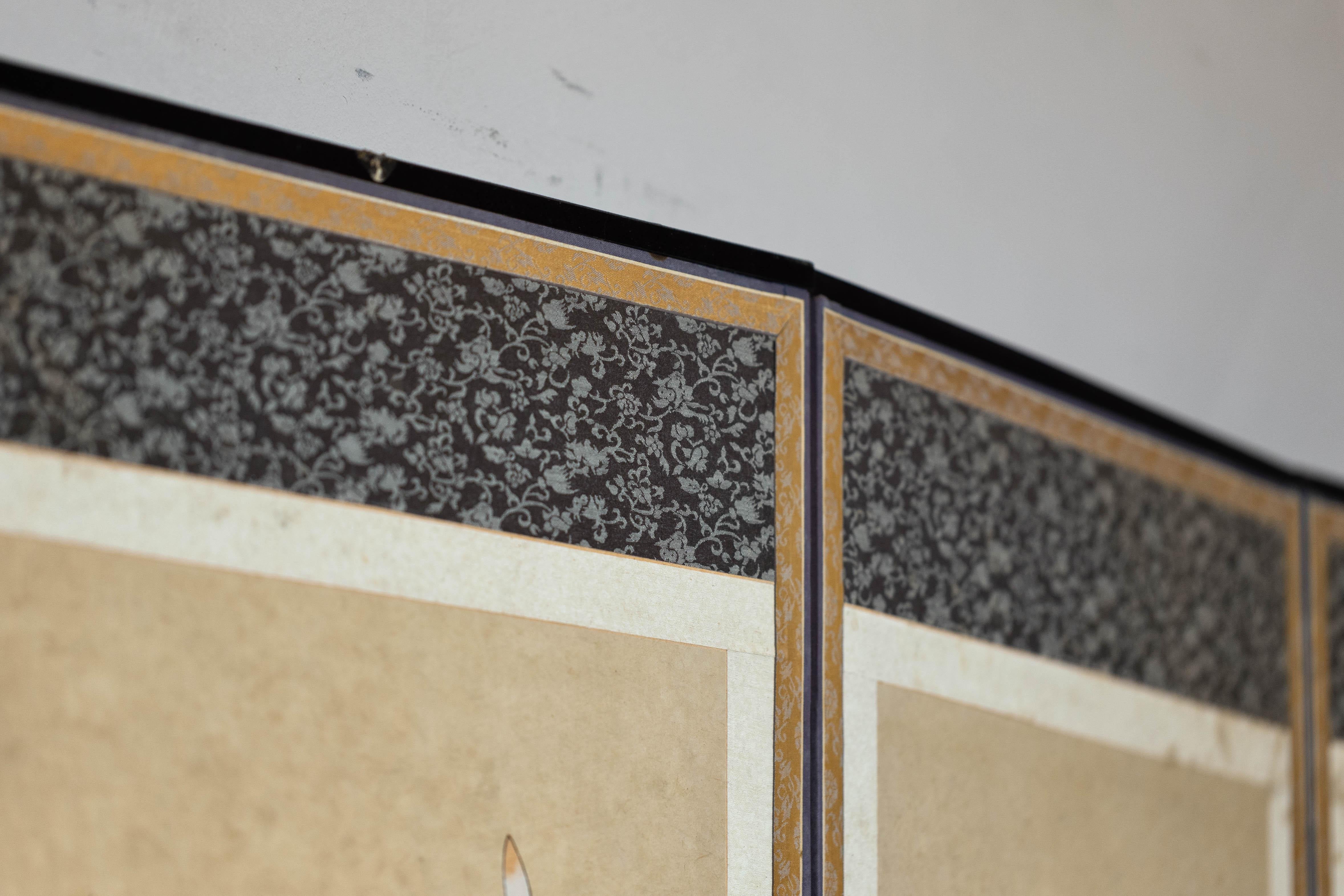 Six-Panel Japanese Folding Screen with Scholar’s Objects and Floral Motifs For Sale 14
