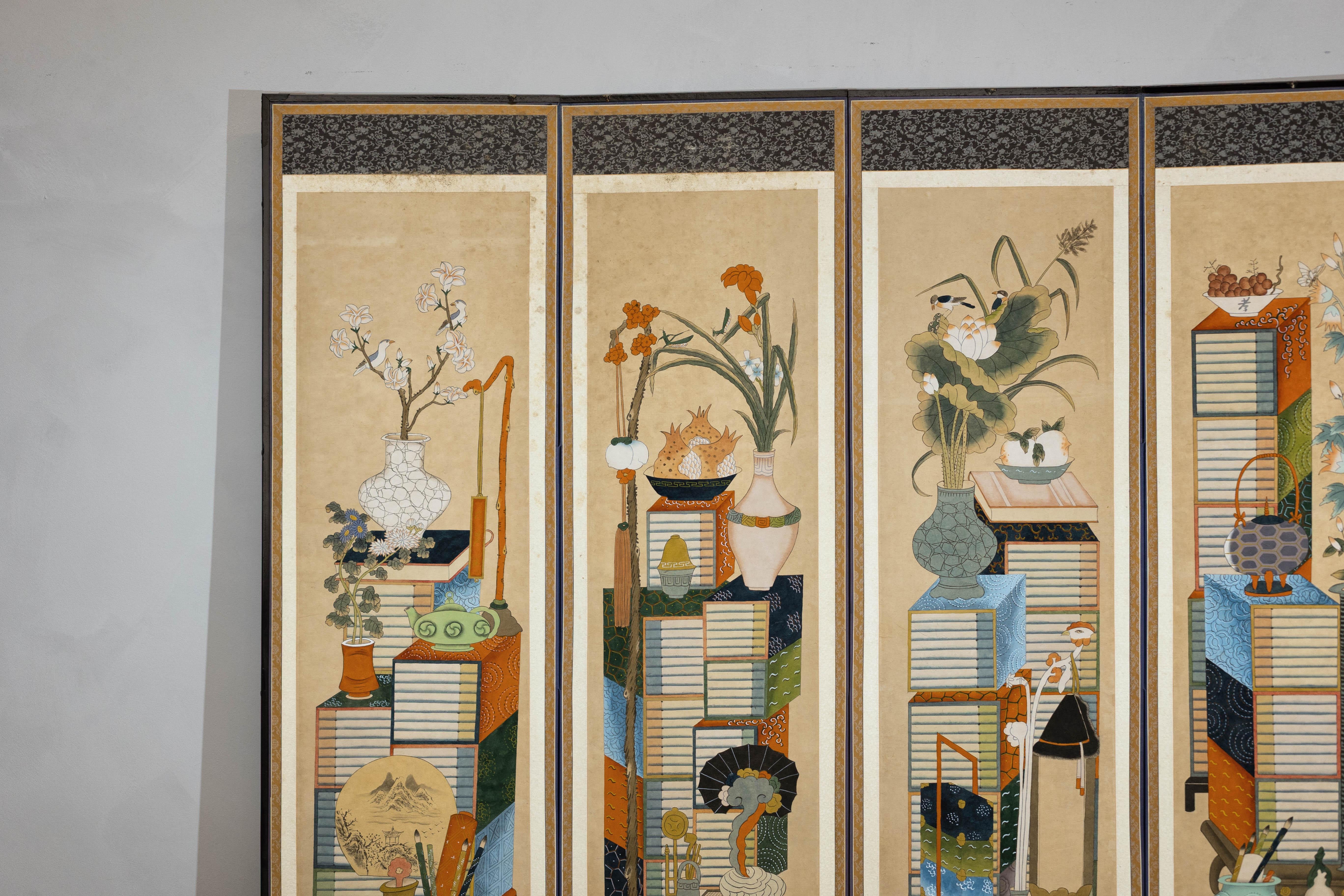 Hand-Painted Six-Panel Japanese Folding Screen with Scholar’s Objects and Floral Motifs For Sale