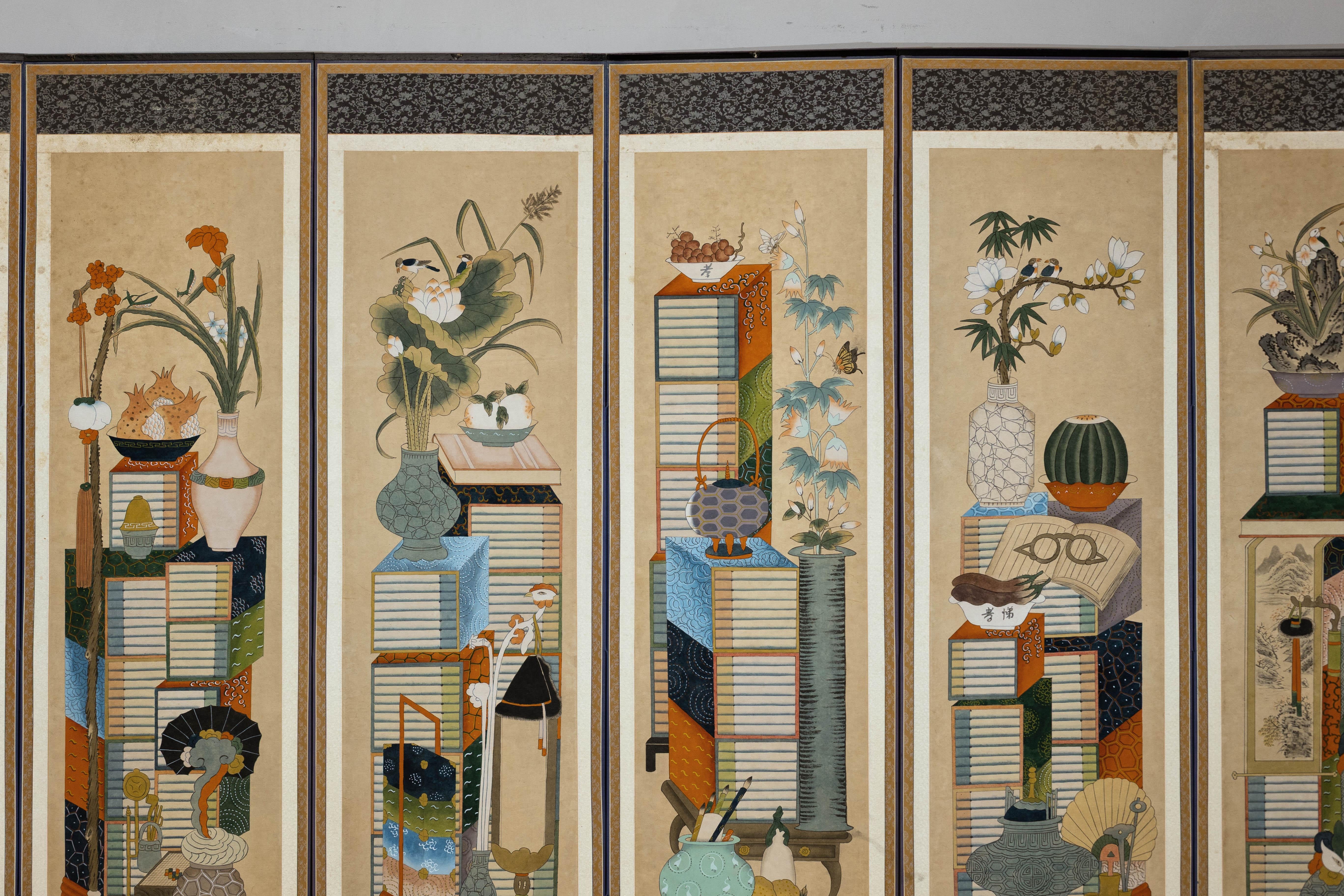 Six-Panel Japanese Folding Screen with Scholar’s Objects and Floral Motifs In Good Condition For Sale In Yonkers, NY
