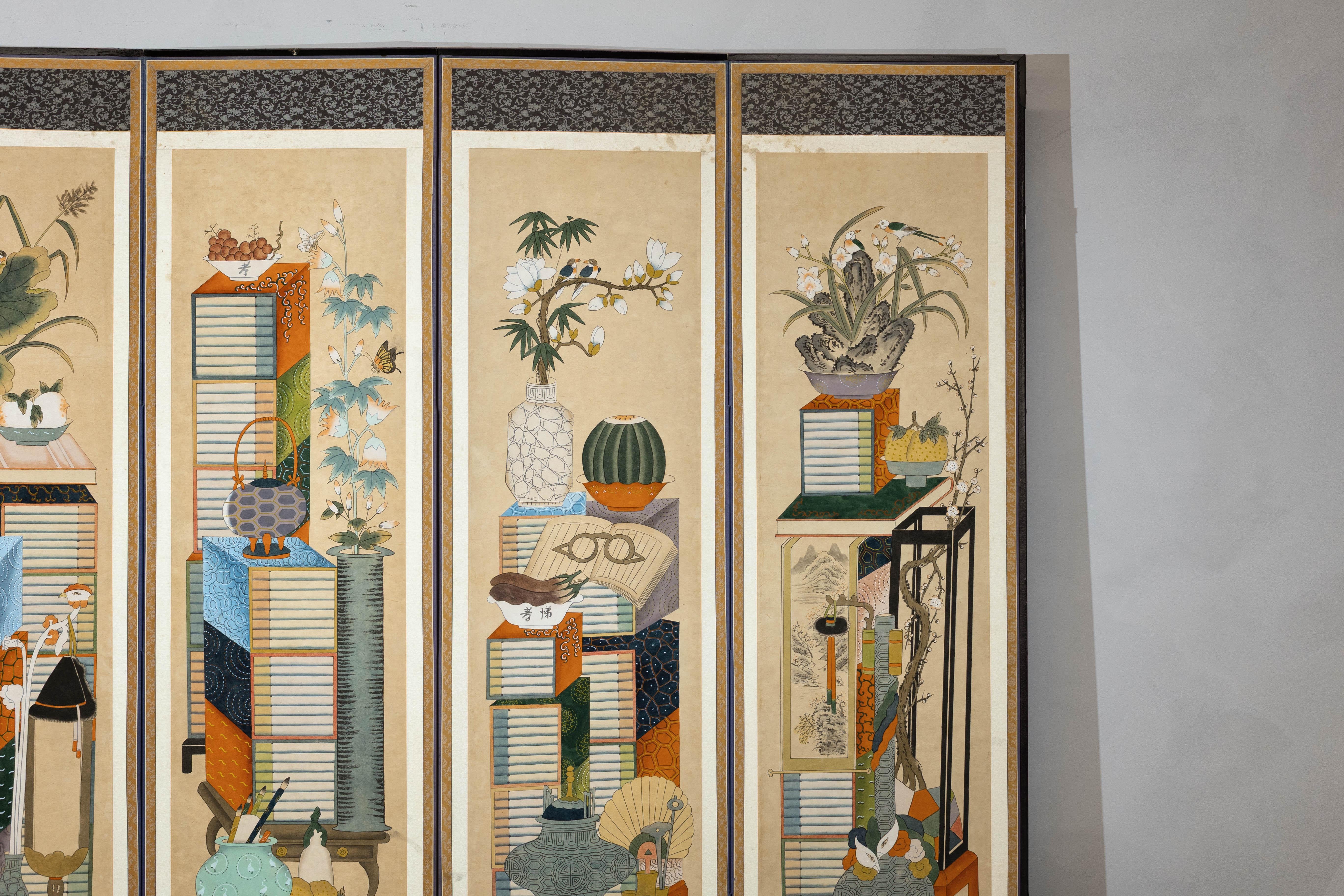 20th Century Six-Panel Japanese Folding Screen with Scholar’s Objects and Floral Motifs For Sale