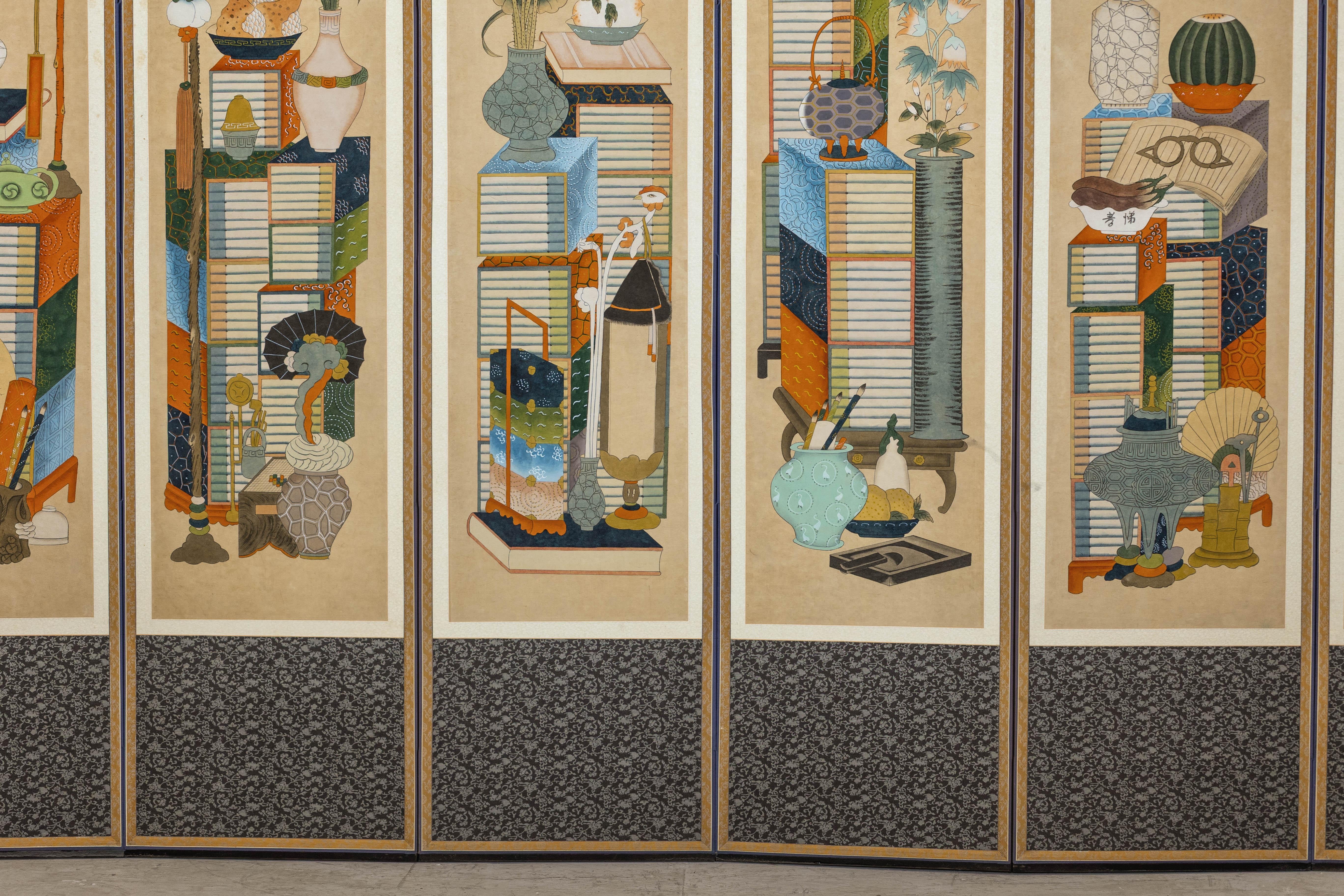 Wood Six-Panel Japanese Folding Screen with Scholar’s Objects and Floral Motifs For Sale