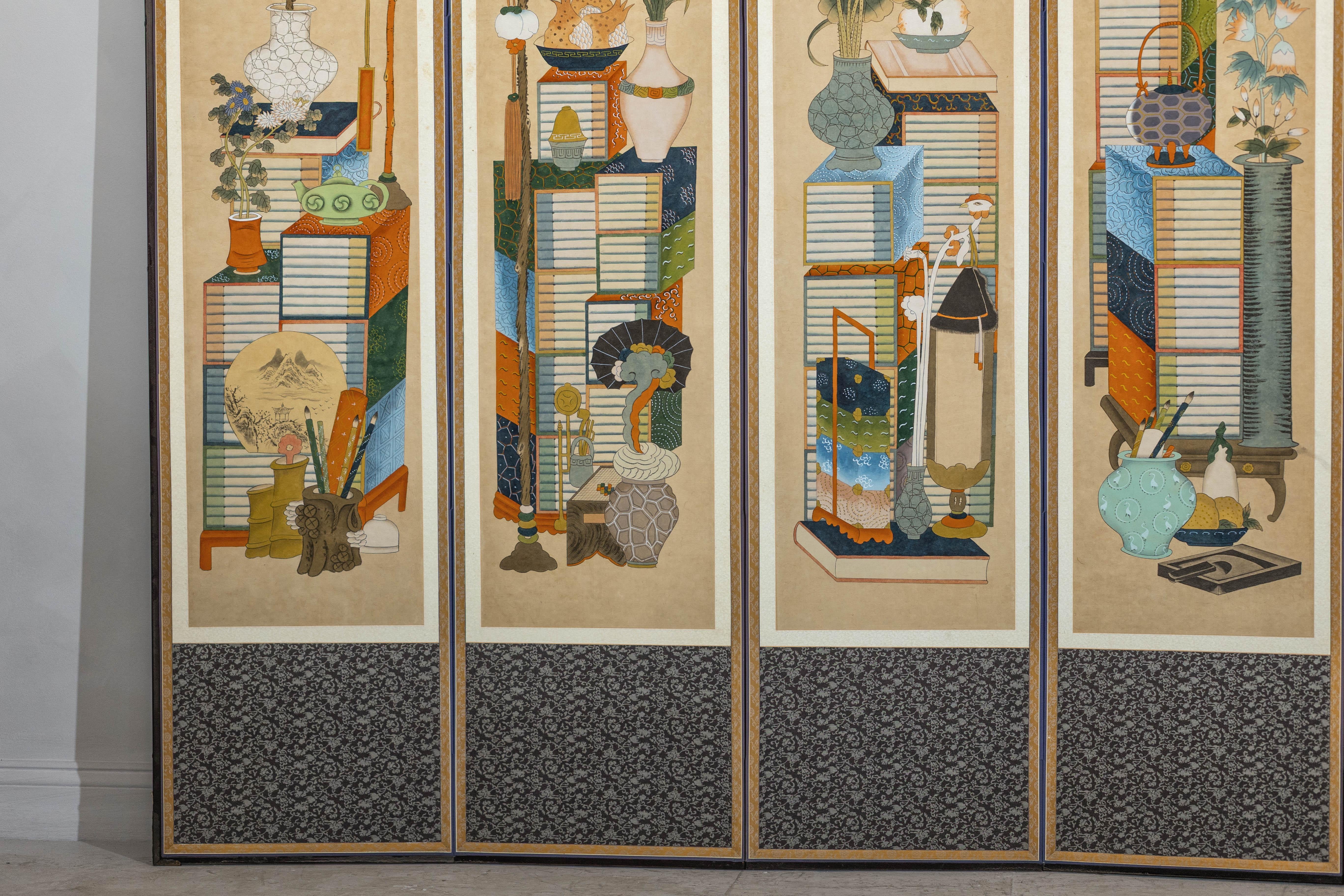 Six-Panel Japanese Folding Screen with Scholar’s Objects and Floral Motifs For Sale 1