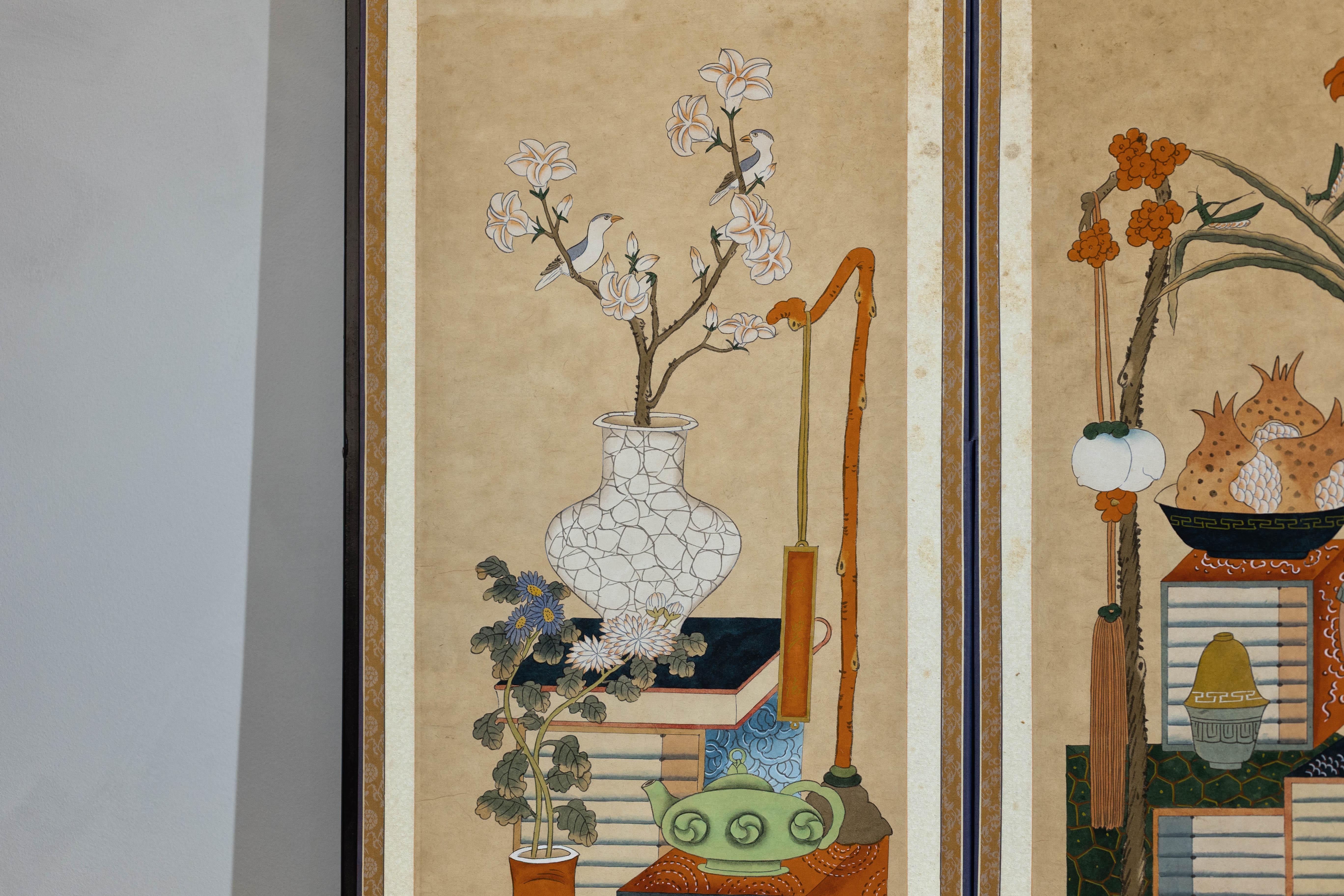 Six-Panel Japanese Folding Screen with Scholar’s Objects and Floral Motifs For Sale 2