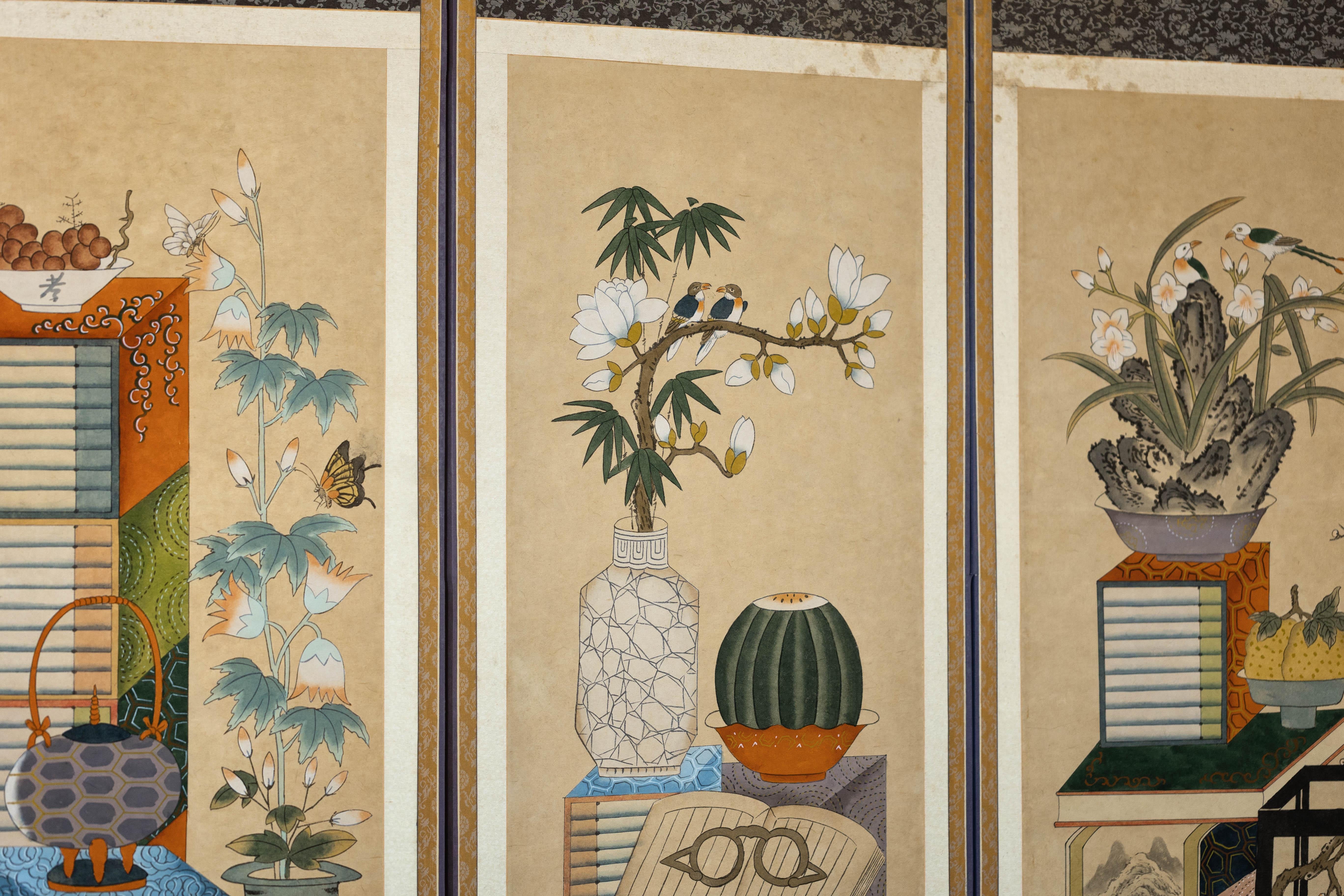 Six-Panel Japanese Folding Screen with Scholar’s Objects and Floral Motifs For Sale 3