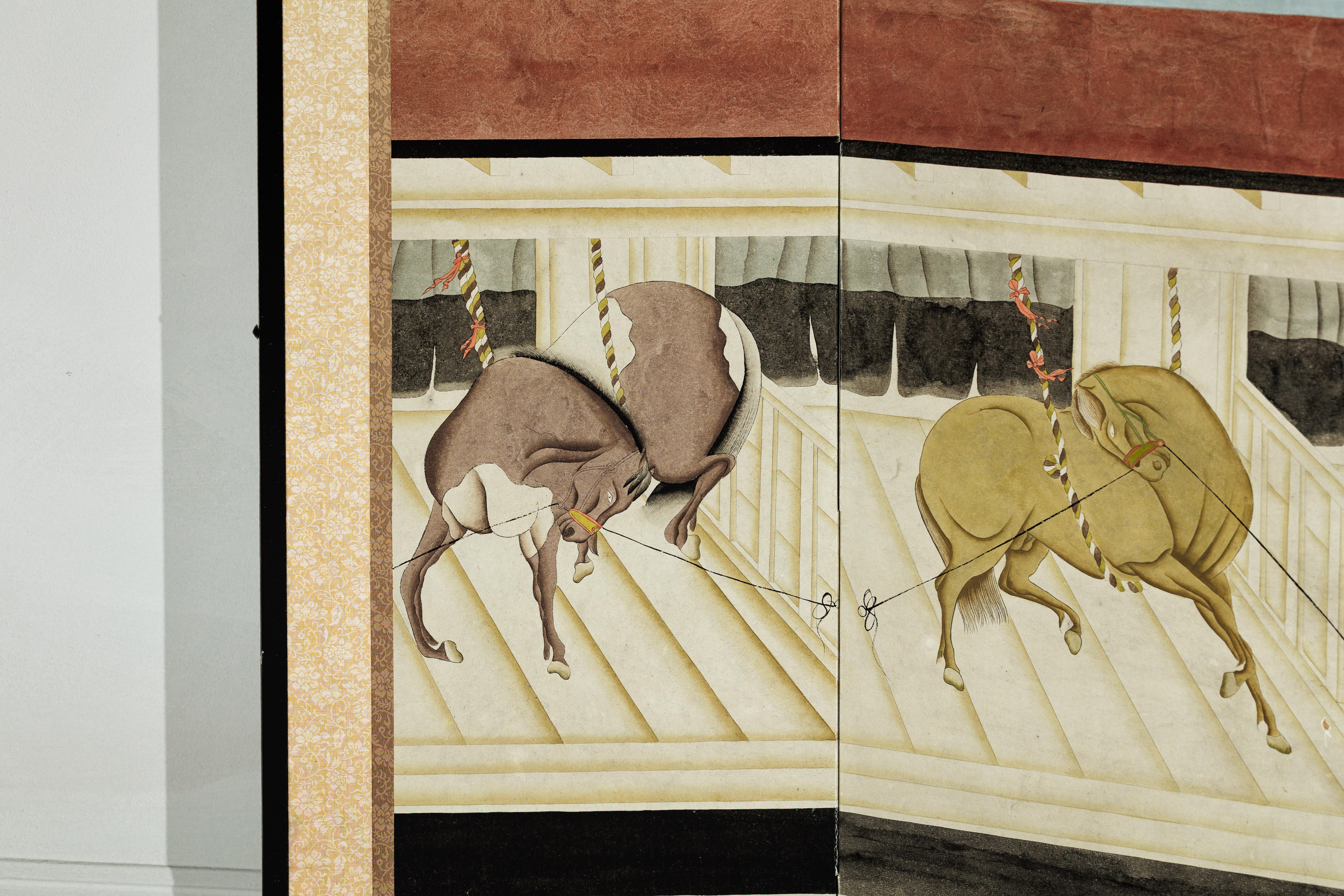 Six-Panel Japanese Inspired Screen with Horses in Stable with Bamboo Backdrop For Sale 5