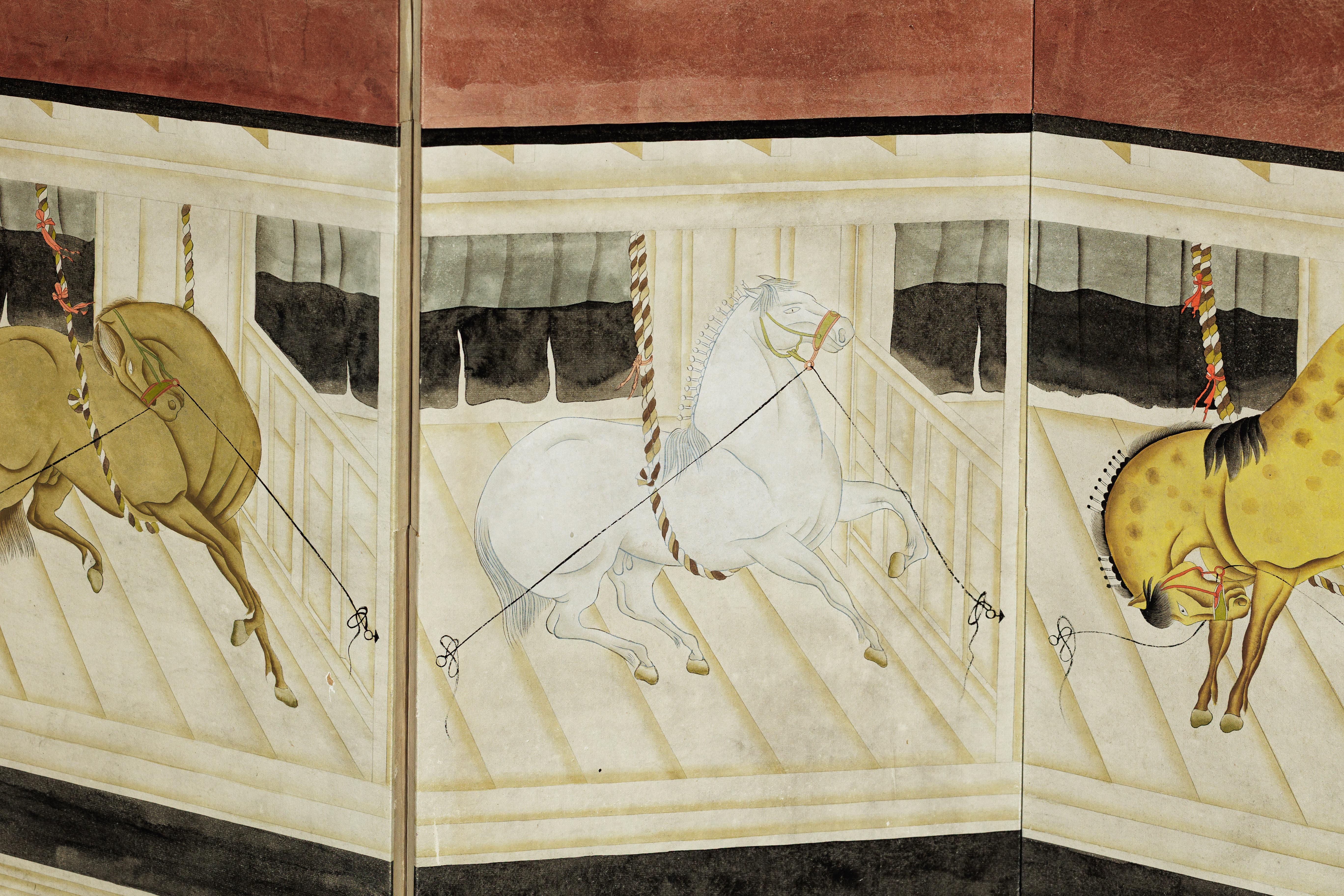Six-Panel Japanese Inspired Screen with Horses in Stable with Bamboo Backdrop For Sale 6