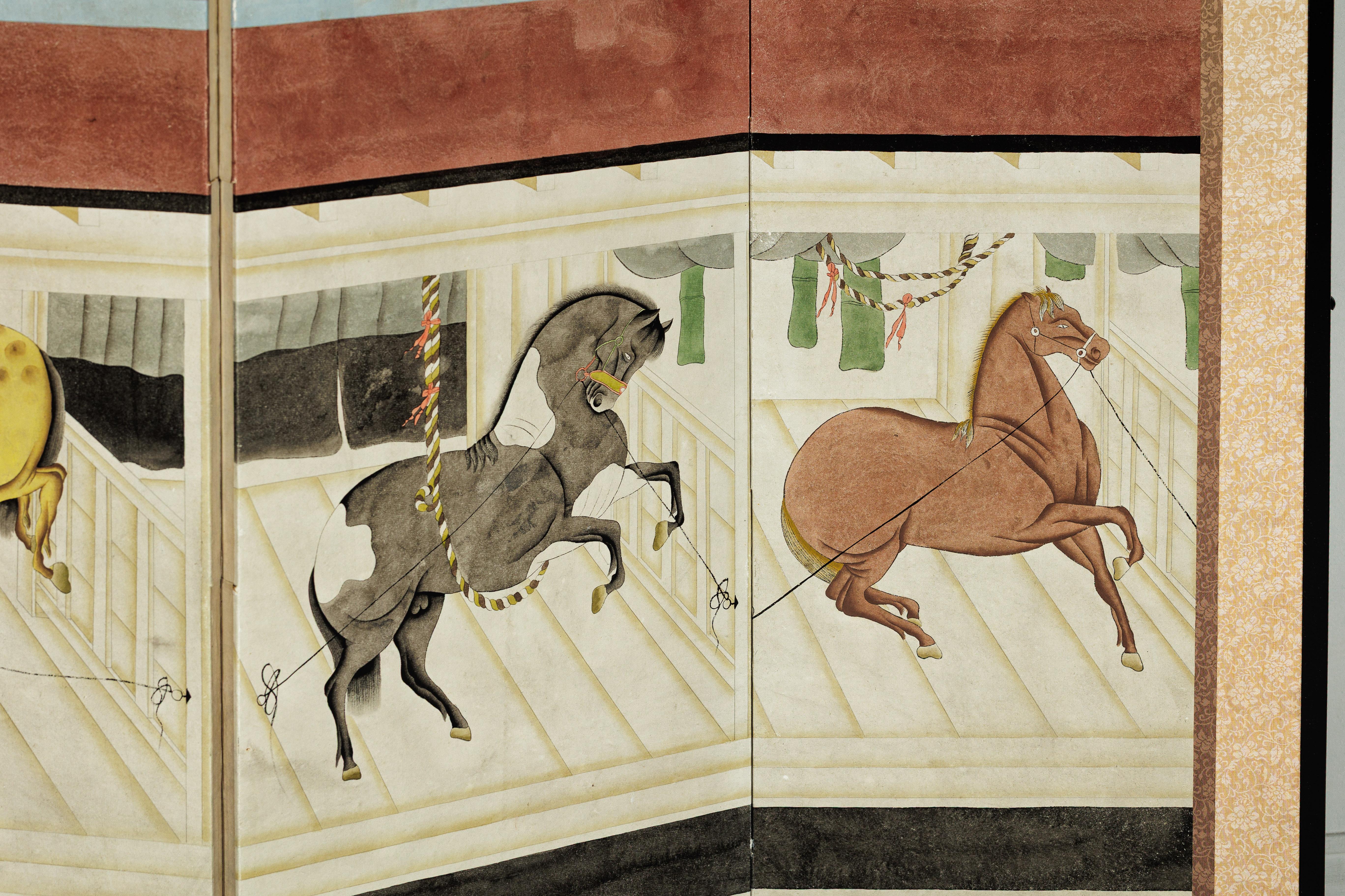 Six-Panel Japanese Inspired Screen with Horses in Stable with Bamboo Backdrop For Sale 8