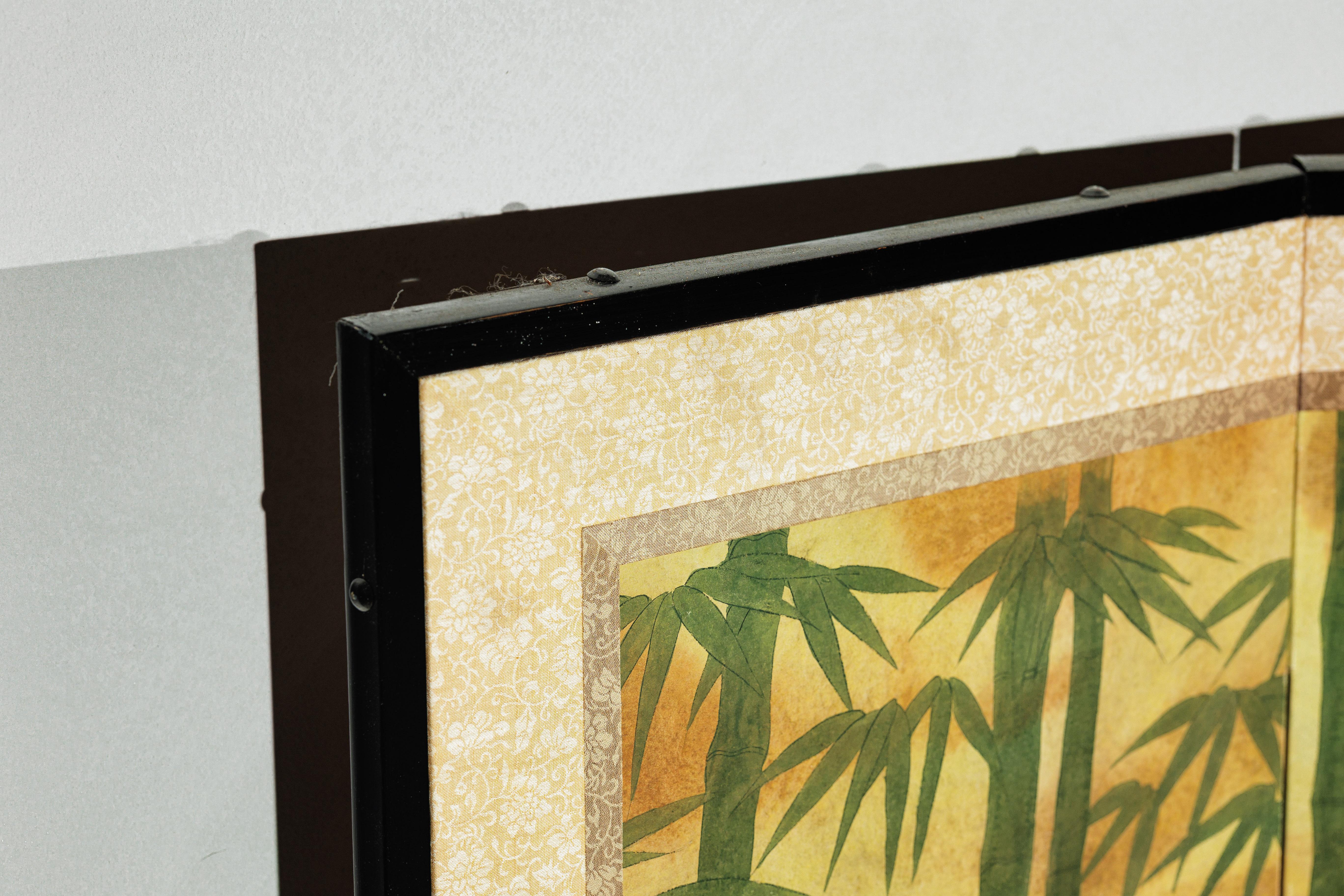 Six-Panel Japanese Inspired Screen with Horses in Stable with Bamboo Backdrop For Sale 9