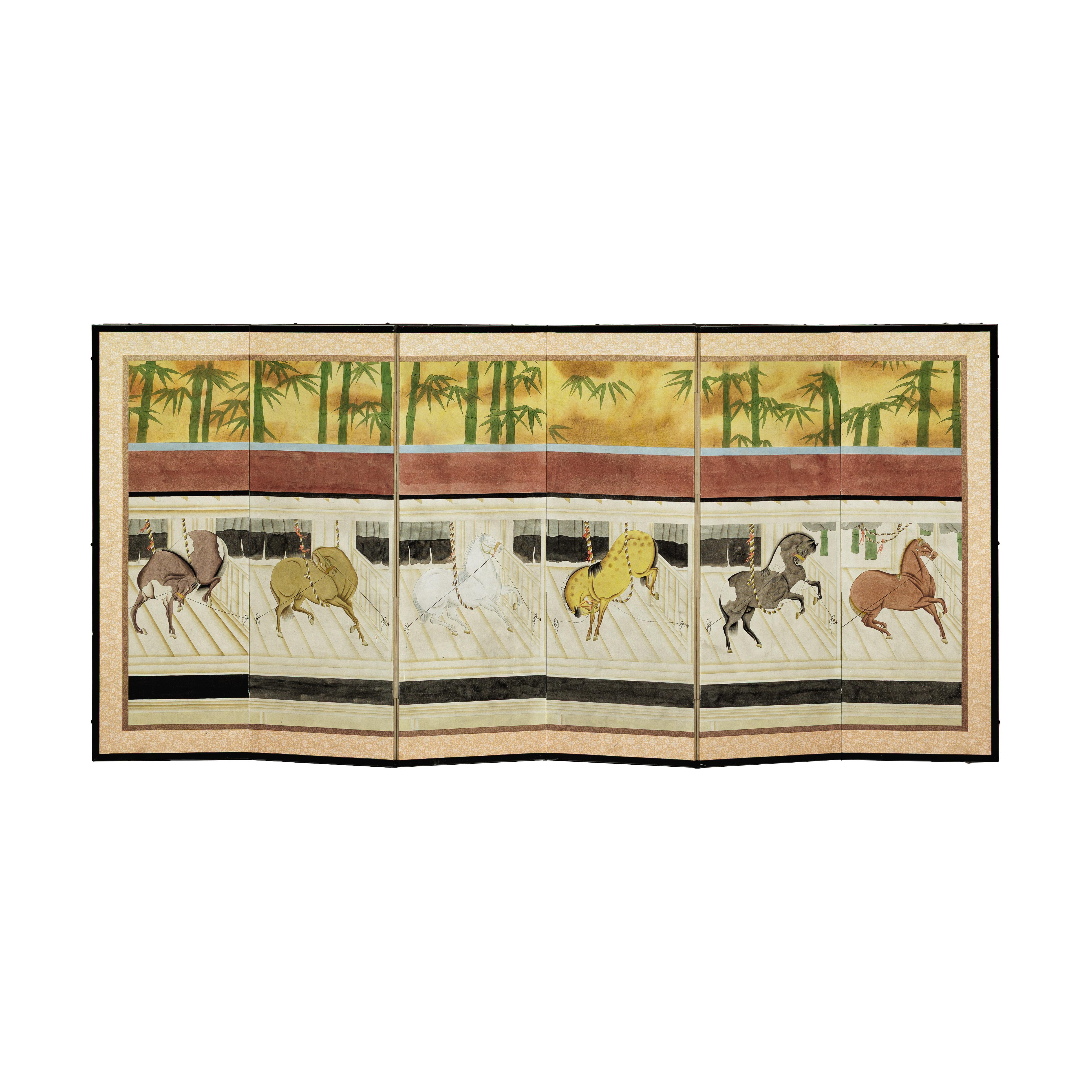 Six-Panel Japanese Inspired Screen with Horses in Stable with Bamboo Backdrop For Sale 10