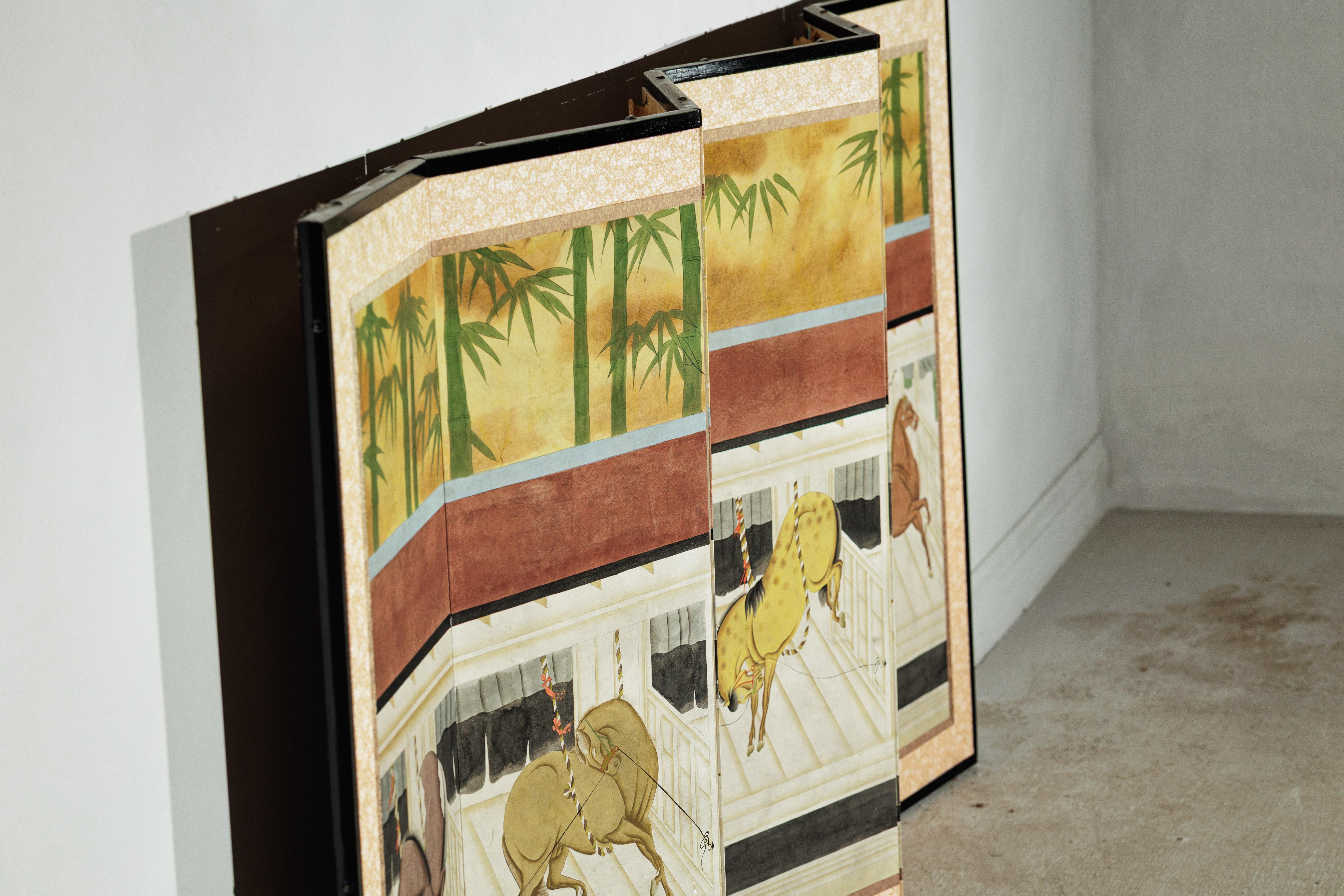Six-Panel Japanese Inspired Screen with Horses in Stable with Bamboo Backdrop For Sale 12