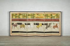 Six-Panel Japanese Inspired Screen with Horses in Stable with Bamboo Backdrop