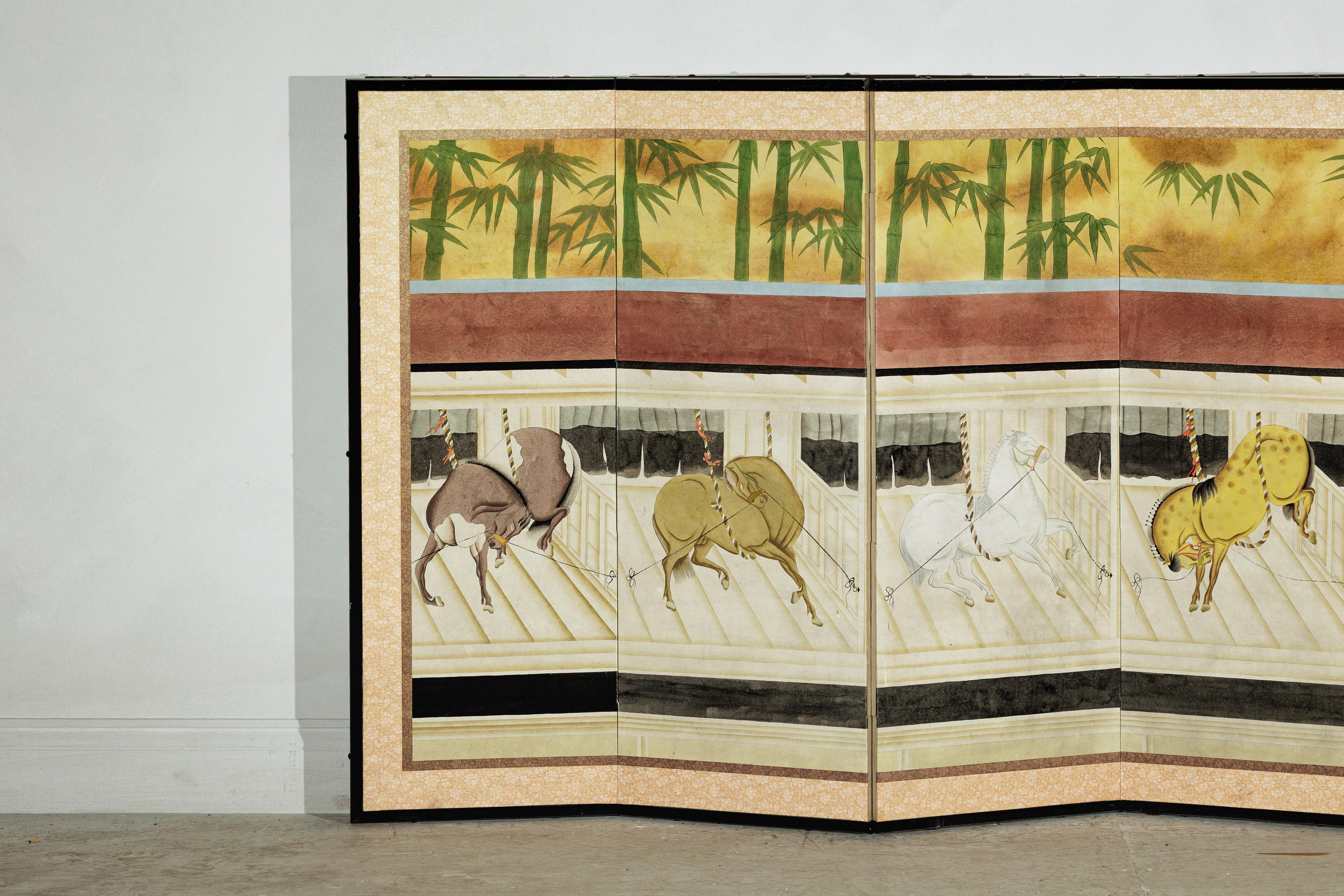 Chinese Six-Panel Japanese Inspired Screen with Horses in Stable with Bamboo Backdrop For Sale