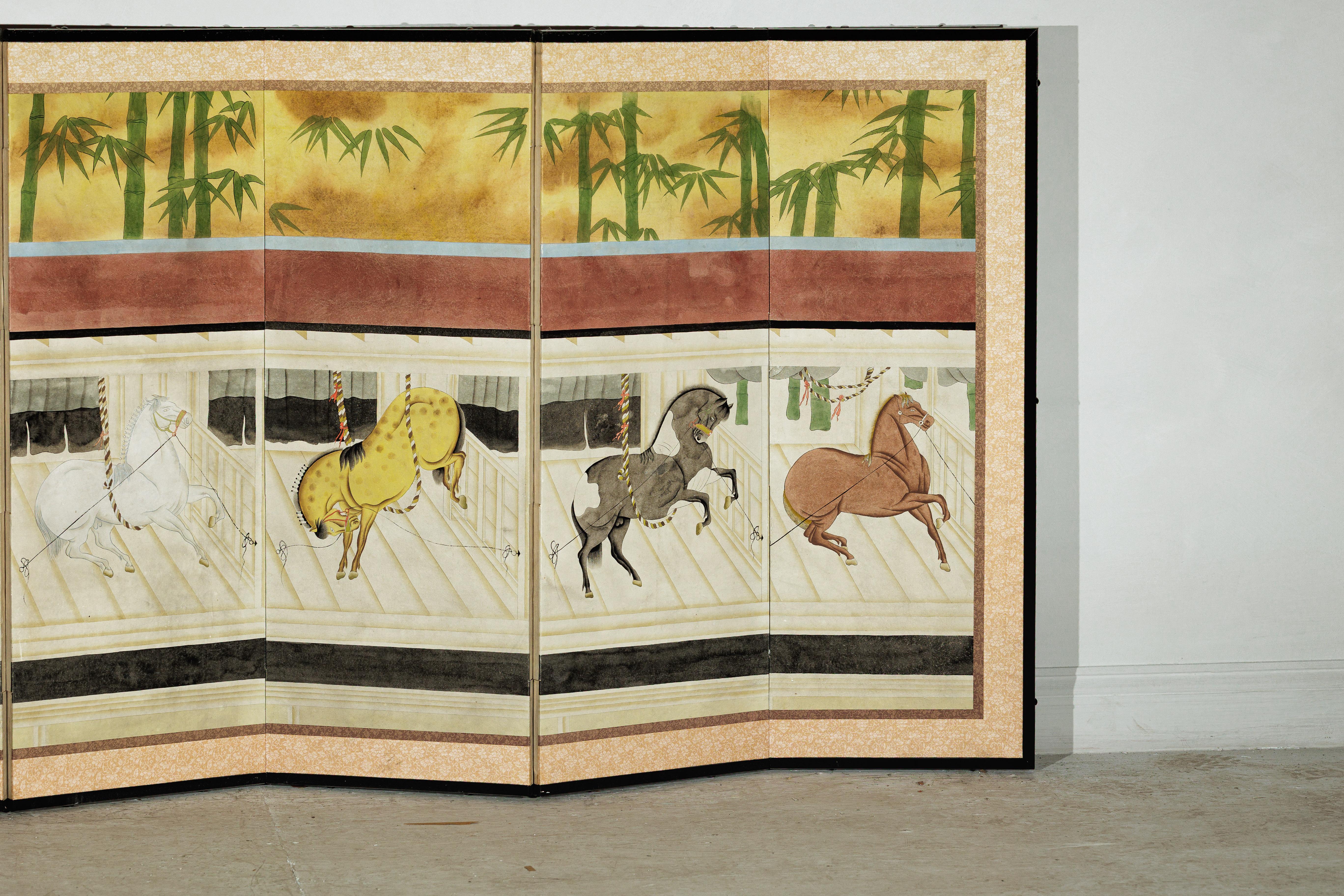 Hand-Painted Six-Panel Japanese Inspired Screen with Horses in Stable with Bamboo Backdrop For Sale