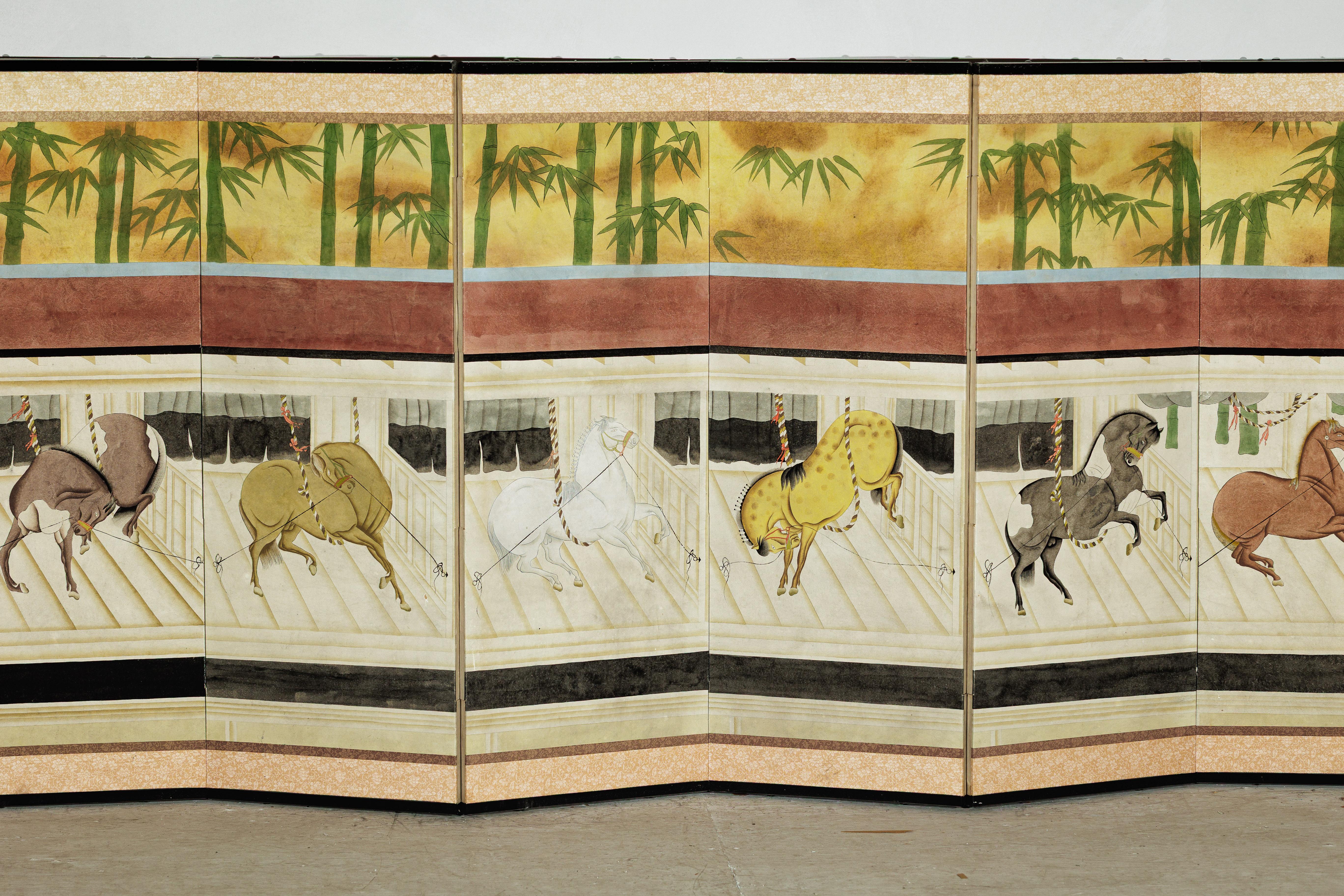 Six-Panel Japanese Inspired Screen with Horses in Stable with Bamboo Backdrop In Good Condition For Sale In Yonkers, NY