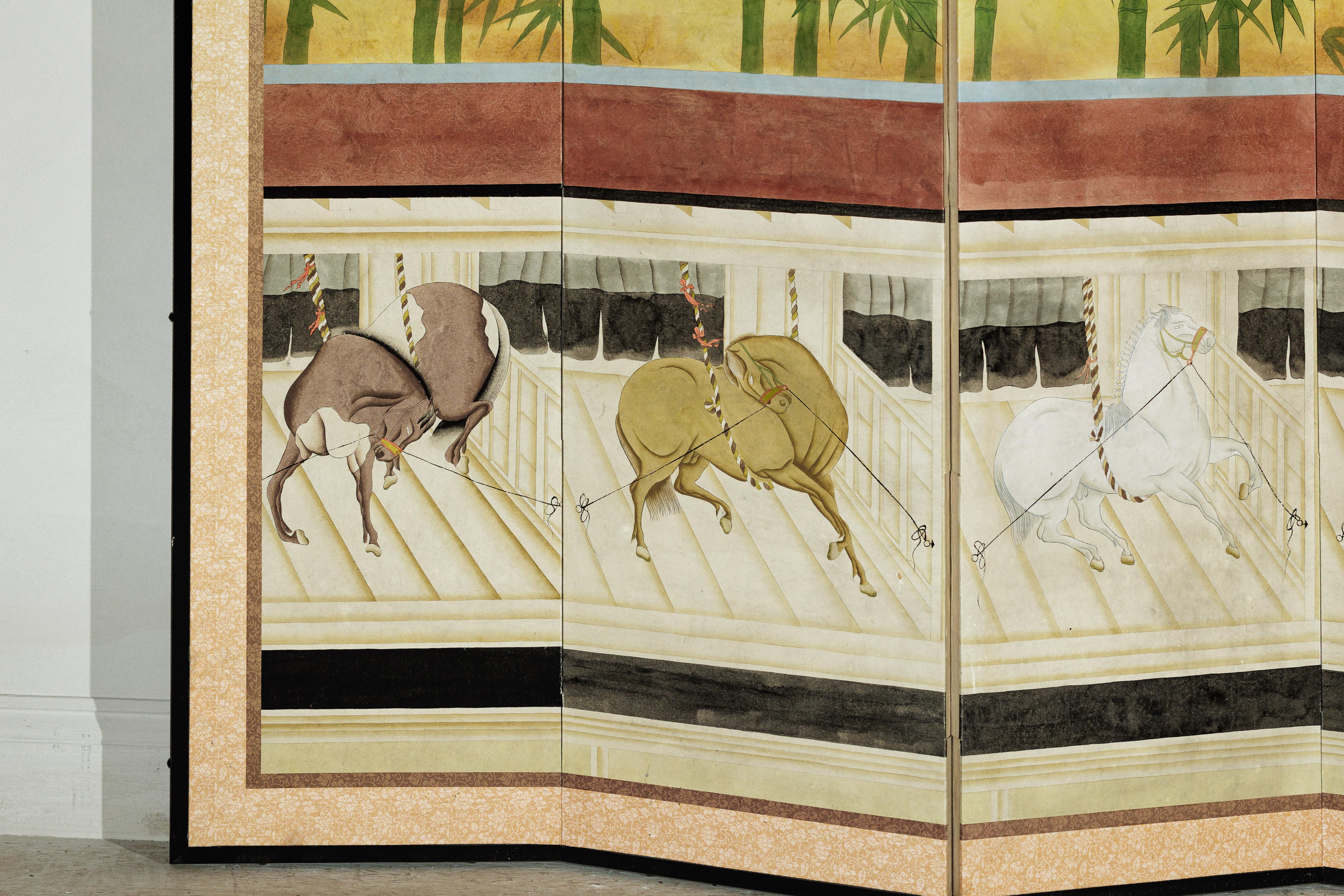 Fabric Six-Panel Japanese Inspired Screen with Horses in Stable with Bamboo Backdrop For Sale
