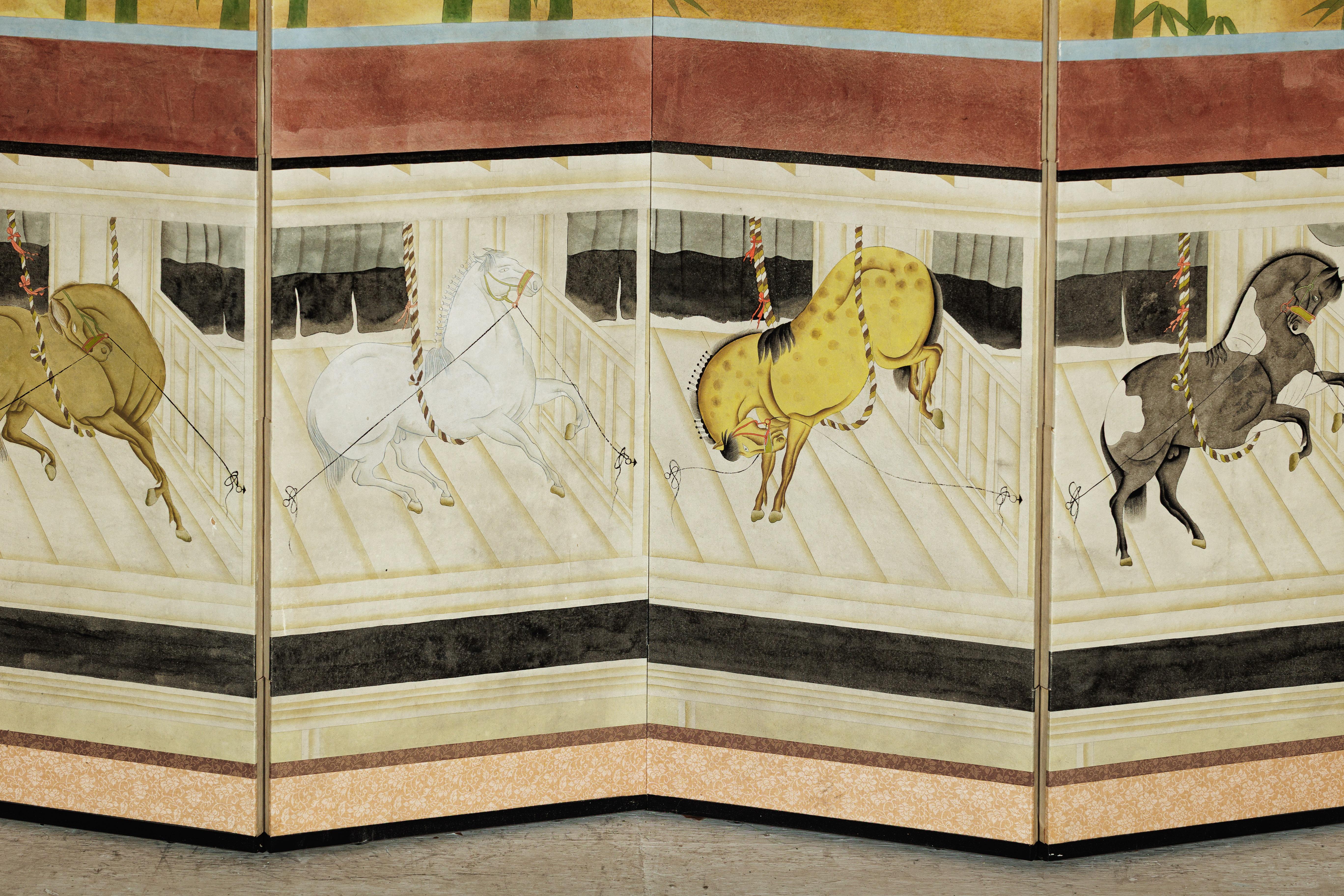 Six-Panel Japanese Inspired Screen with Horses in Stable with Bamboo Backdrop For Sale 1
